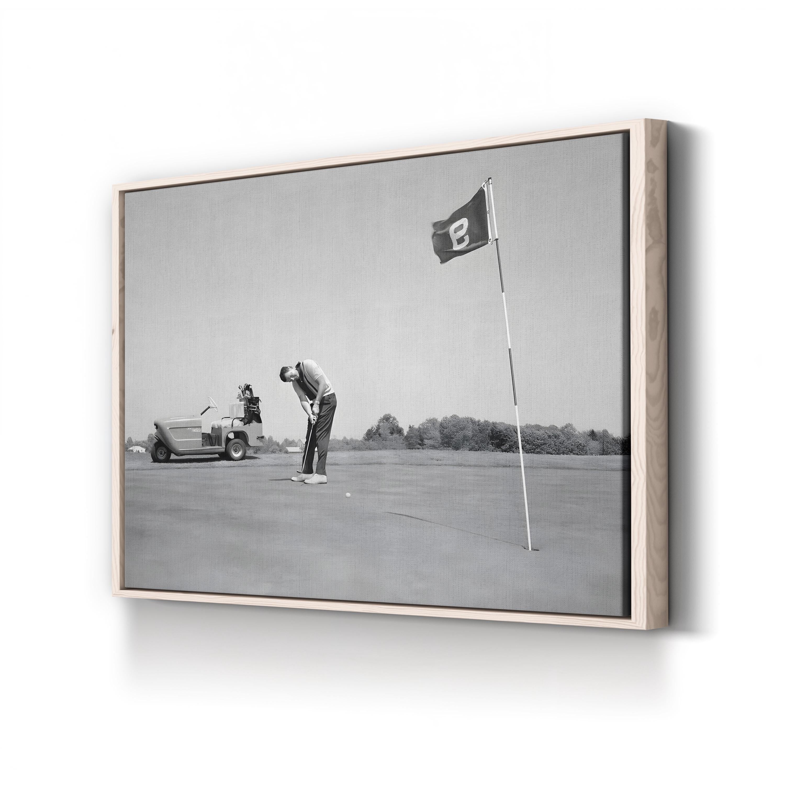 1950s Golfer on the Green canvas print in Natural frame
