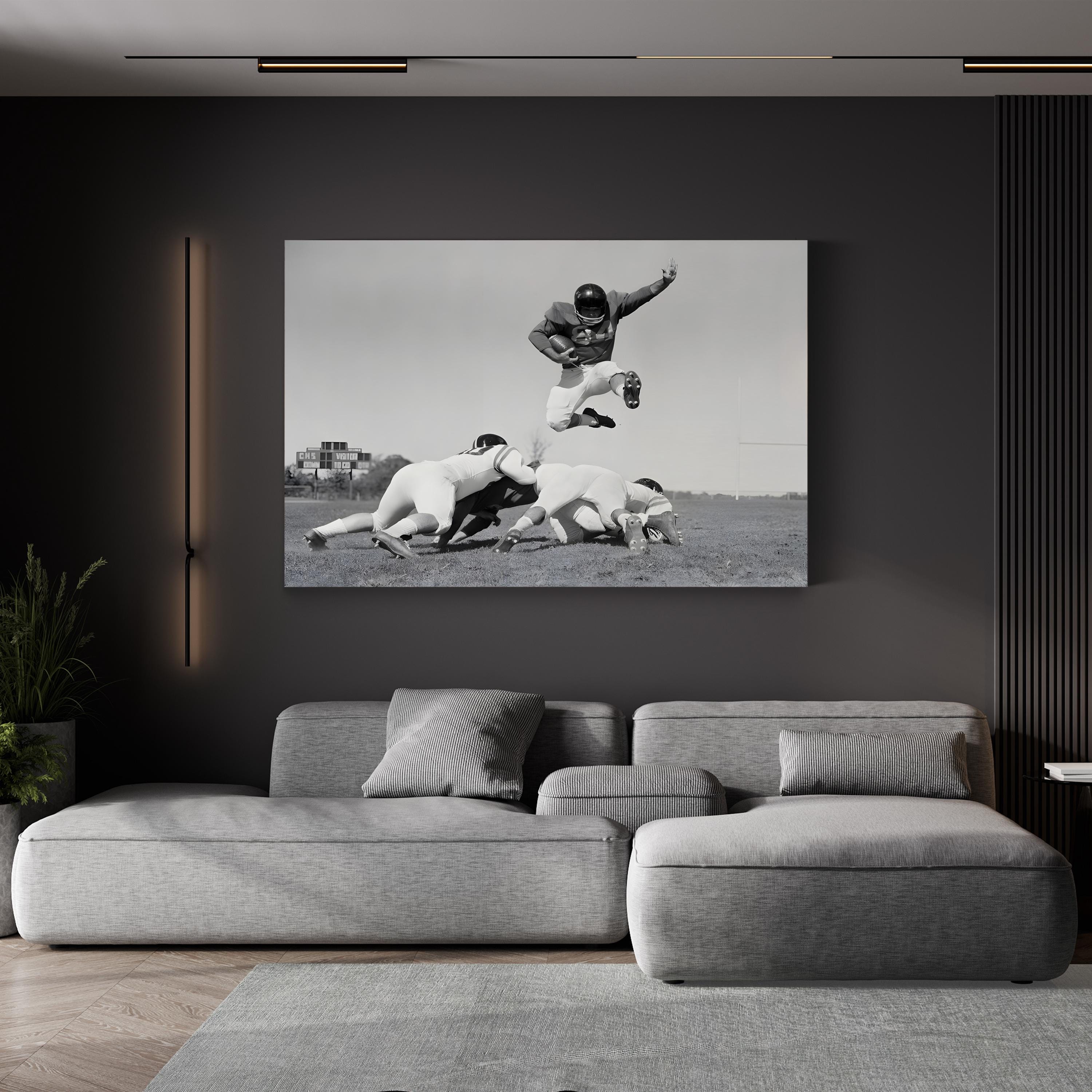 1960s Football Action Leap – Vintage Photography Wall Art | Black & White Sports Canvas Print