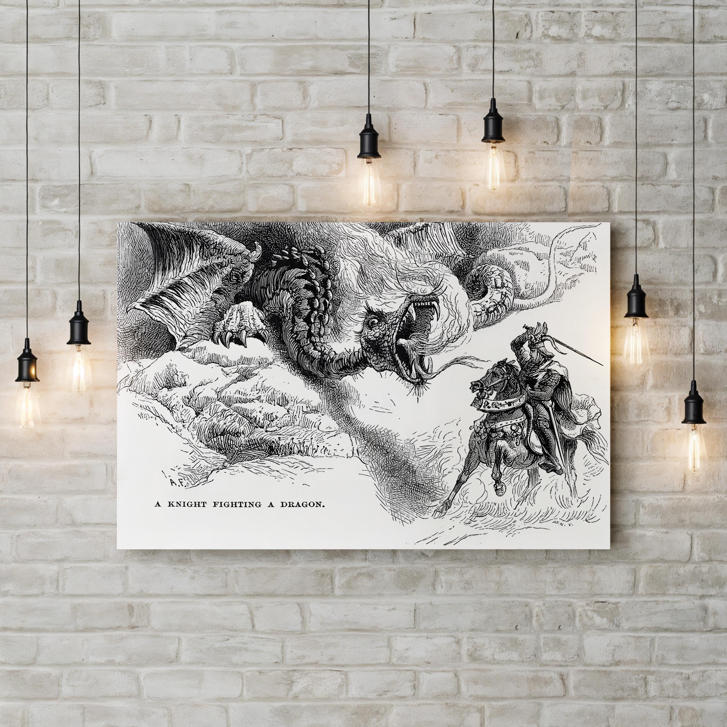 A Knight Errant Fighting a Dragon Wall Art | 19th Century Medieval Fantasy Illustration Canvas