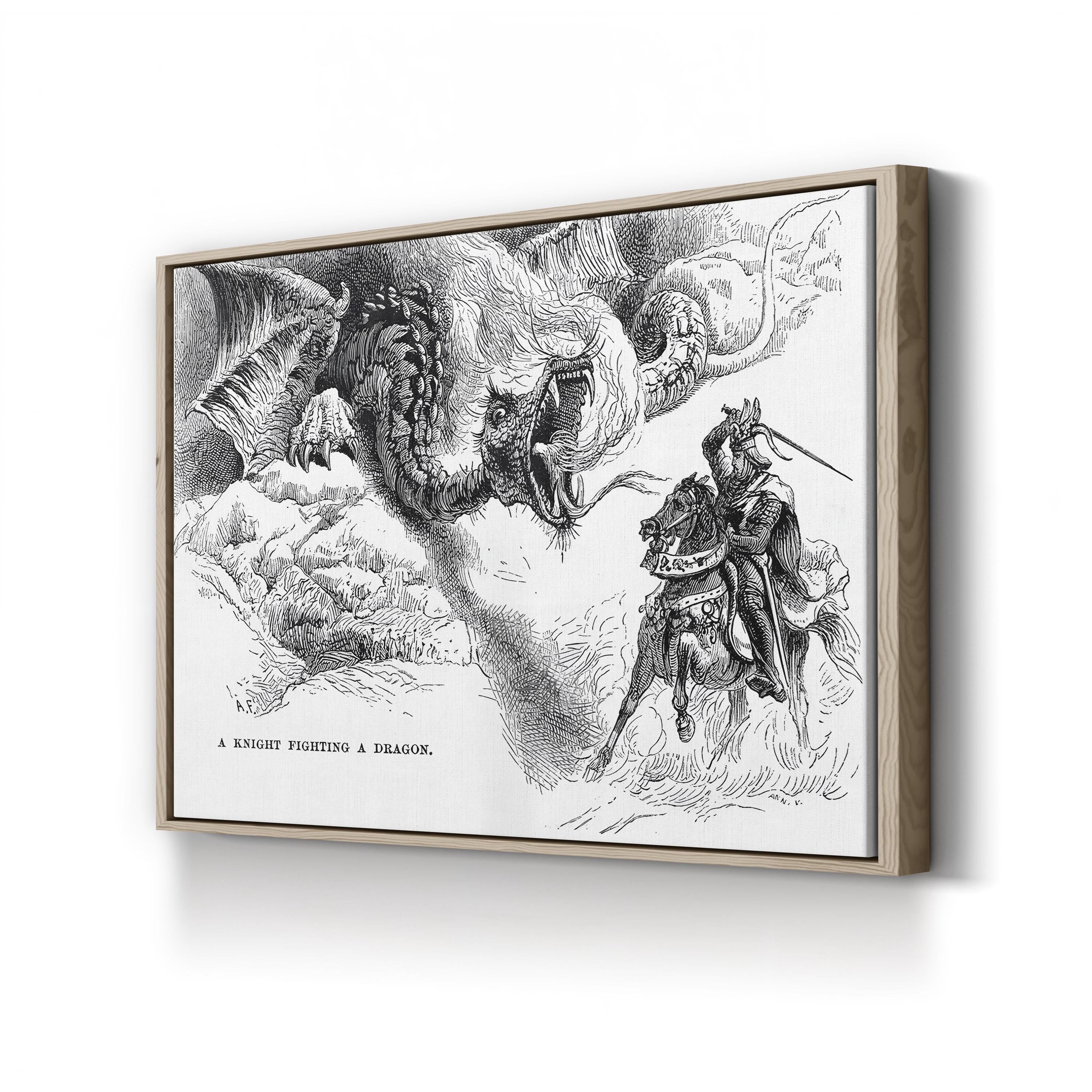 A Knight Errant Fighting a Dragon Wall Art | 19th Century Medieval Fantasy Illustration Canvas