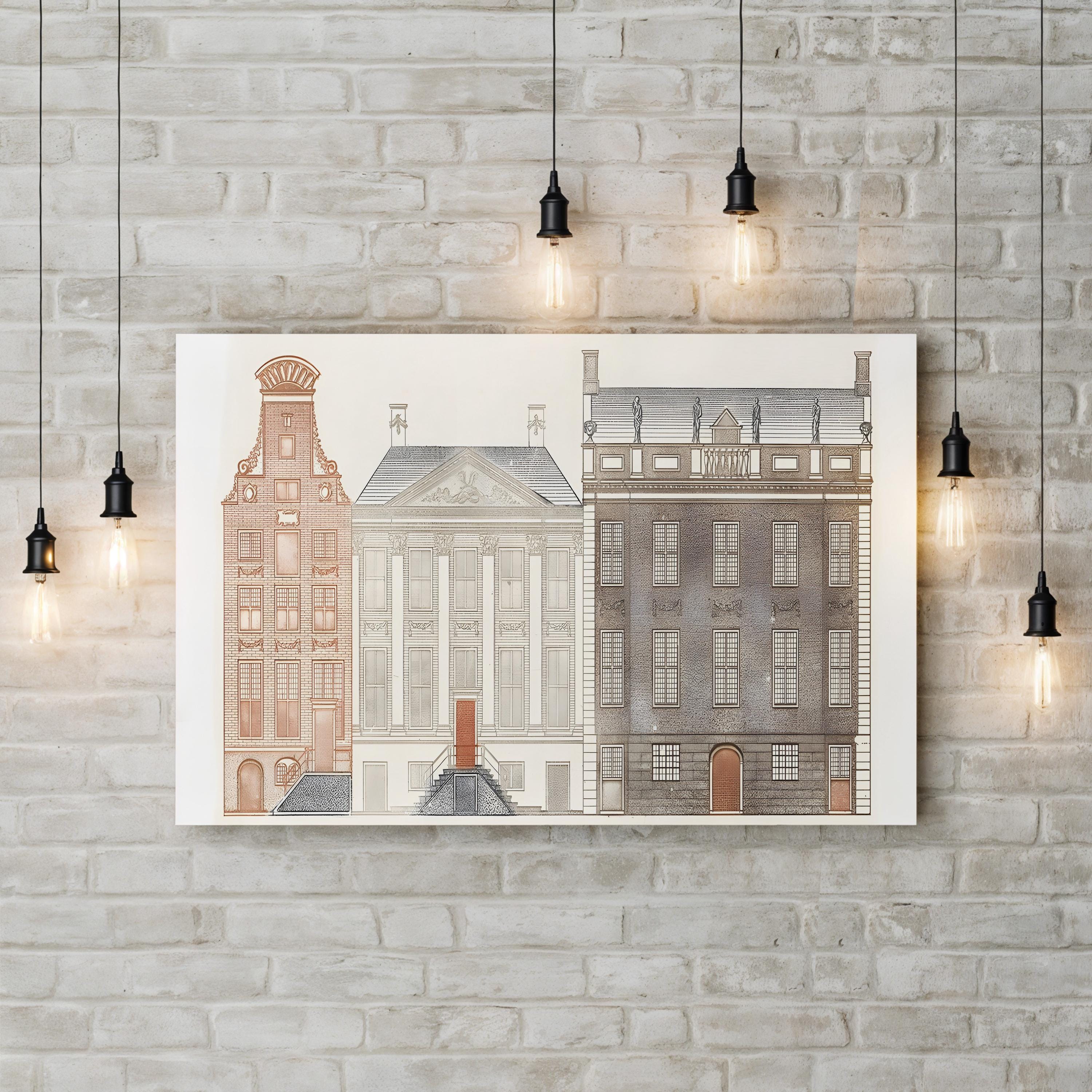 Amsterdam Canal Houses IV Wall Art by Johan Teyler – Vintage European Architectural Illustration