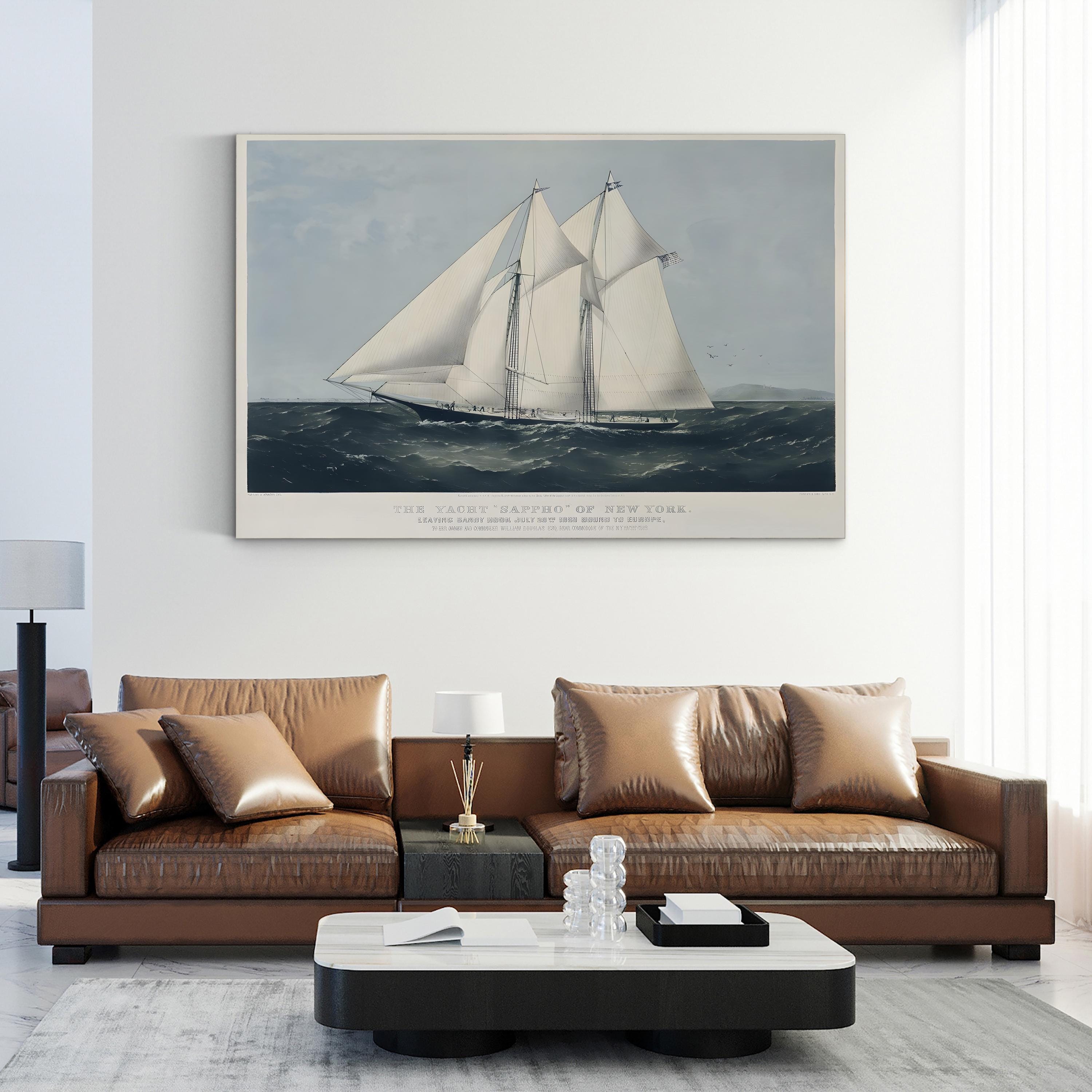 Living room with a brown leather sofa and a framed ship painting on the wall.