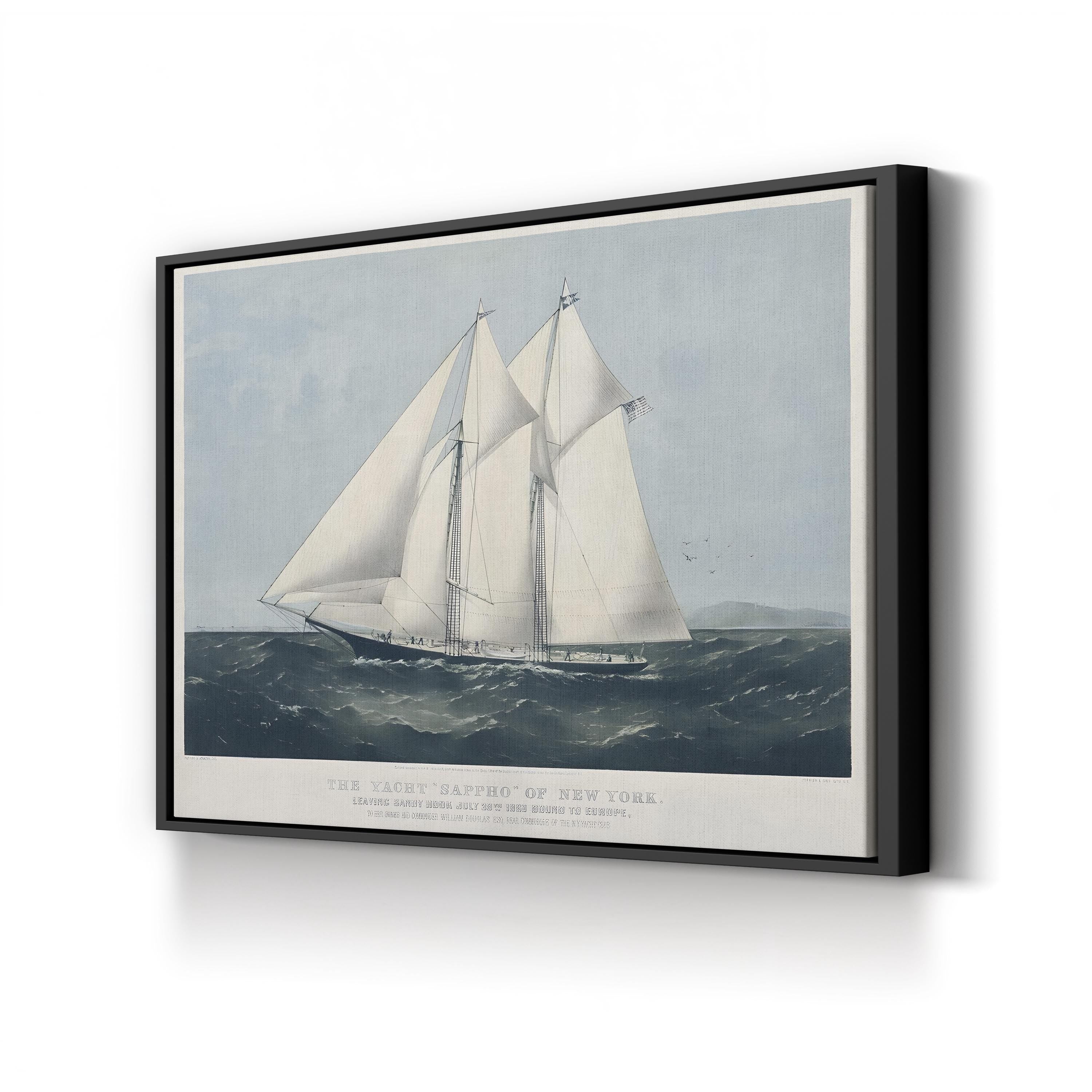 Framed artwork of a ship on a blue background