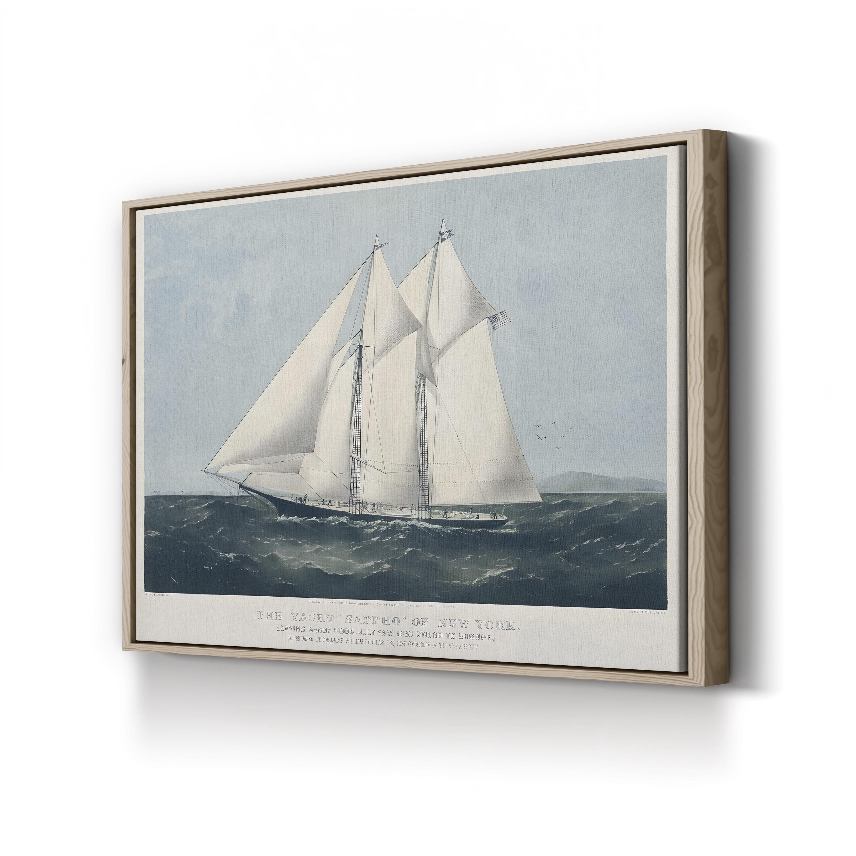 Framed artwork of a ship on a white wall