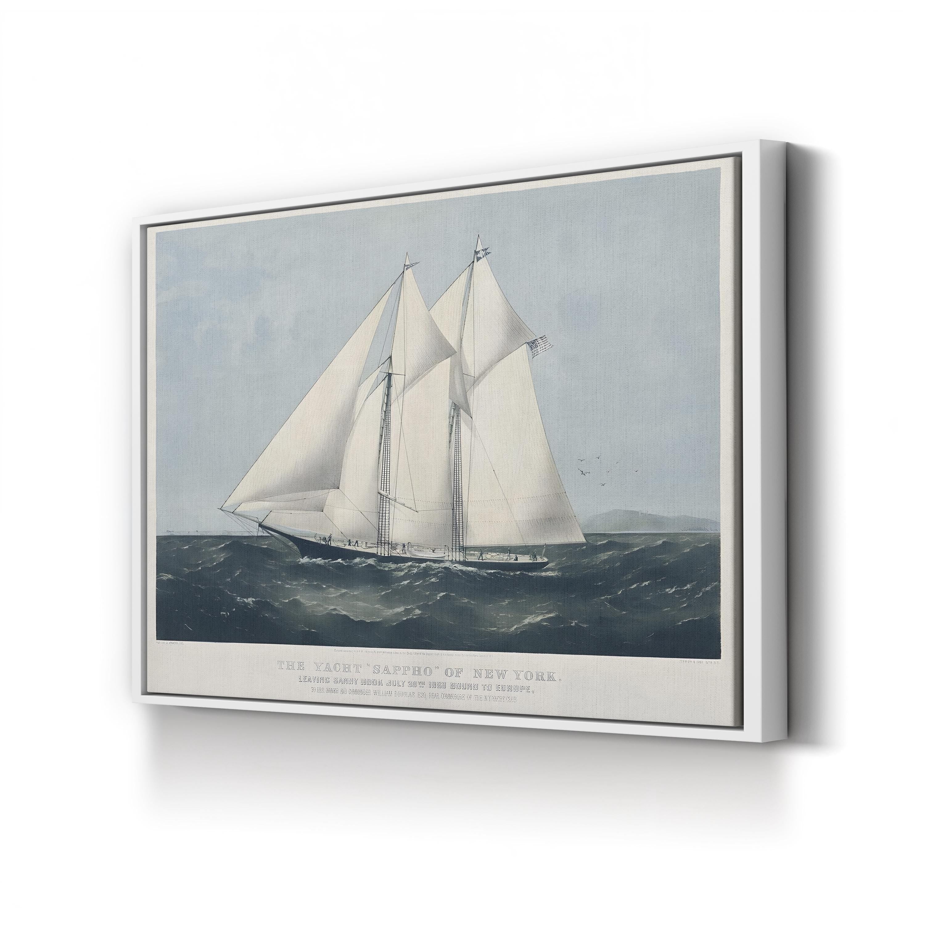 Framed artwork of a ship on a stormy sea with a light blue sky.
