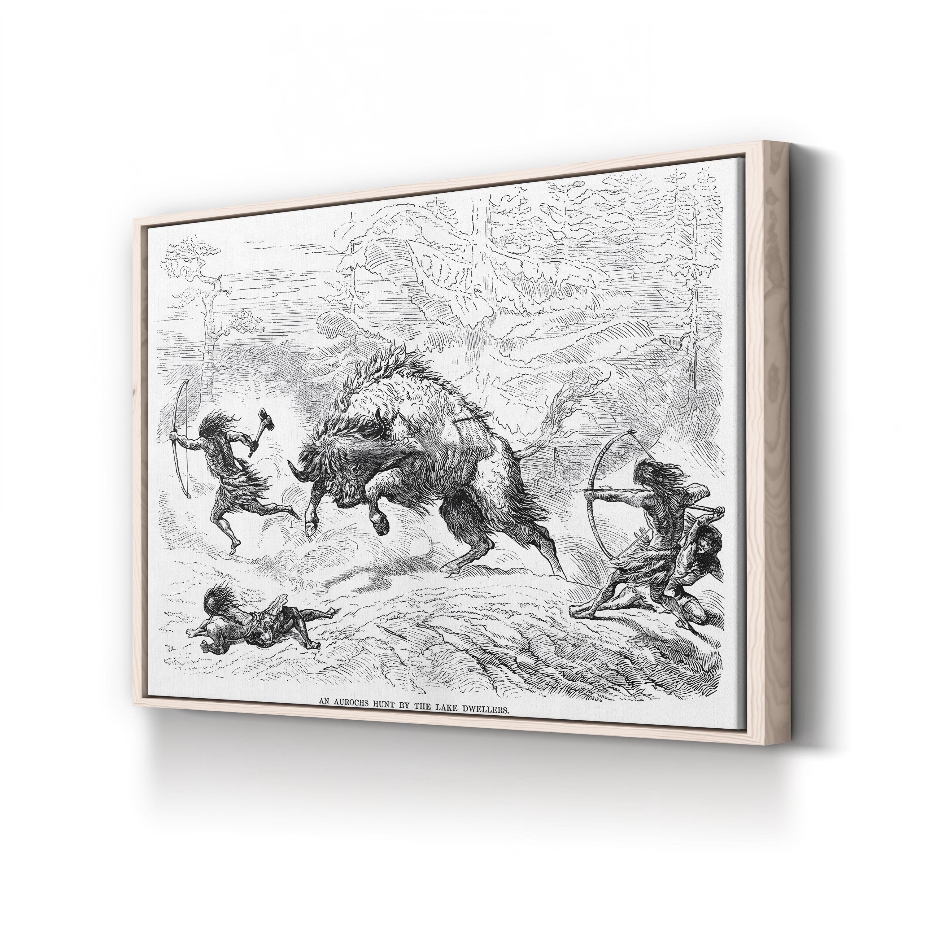 An Aurochs Hunt by the Lake Dwellers canvas print in natural frame