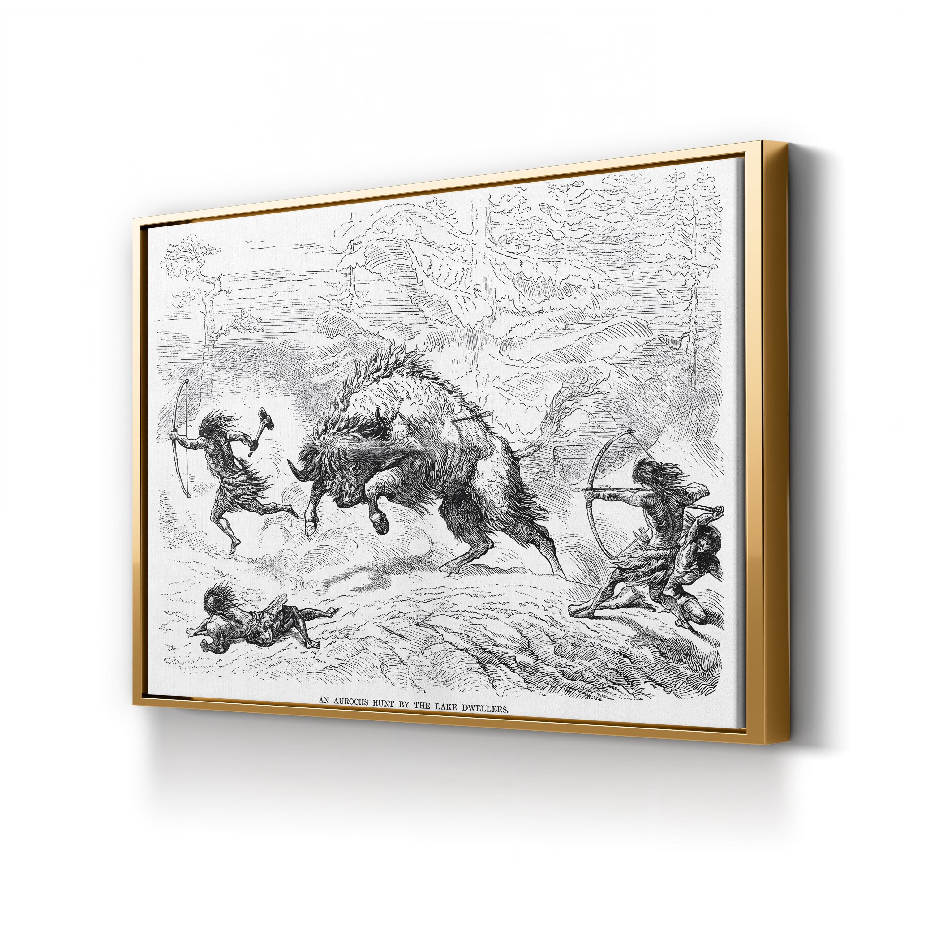 An Aurochs Hunt by the Lake Dwellers canvas print in gold frame