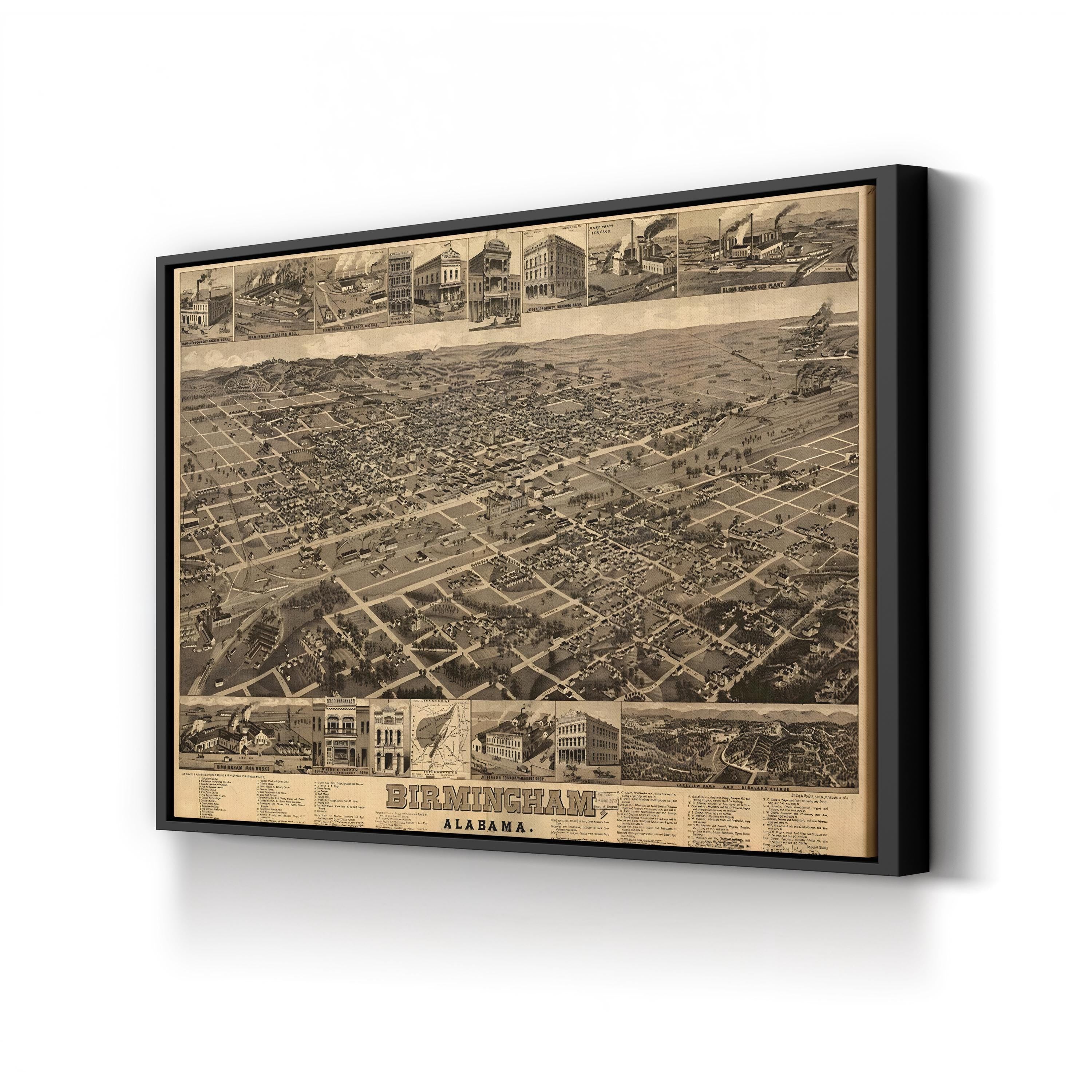 Vintage 1885 Birmingham Alabama Map Print – Historic Aerial City Lithograph