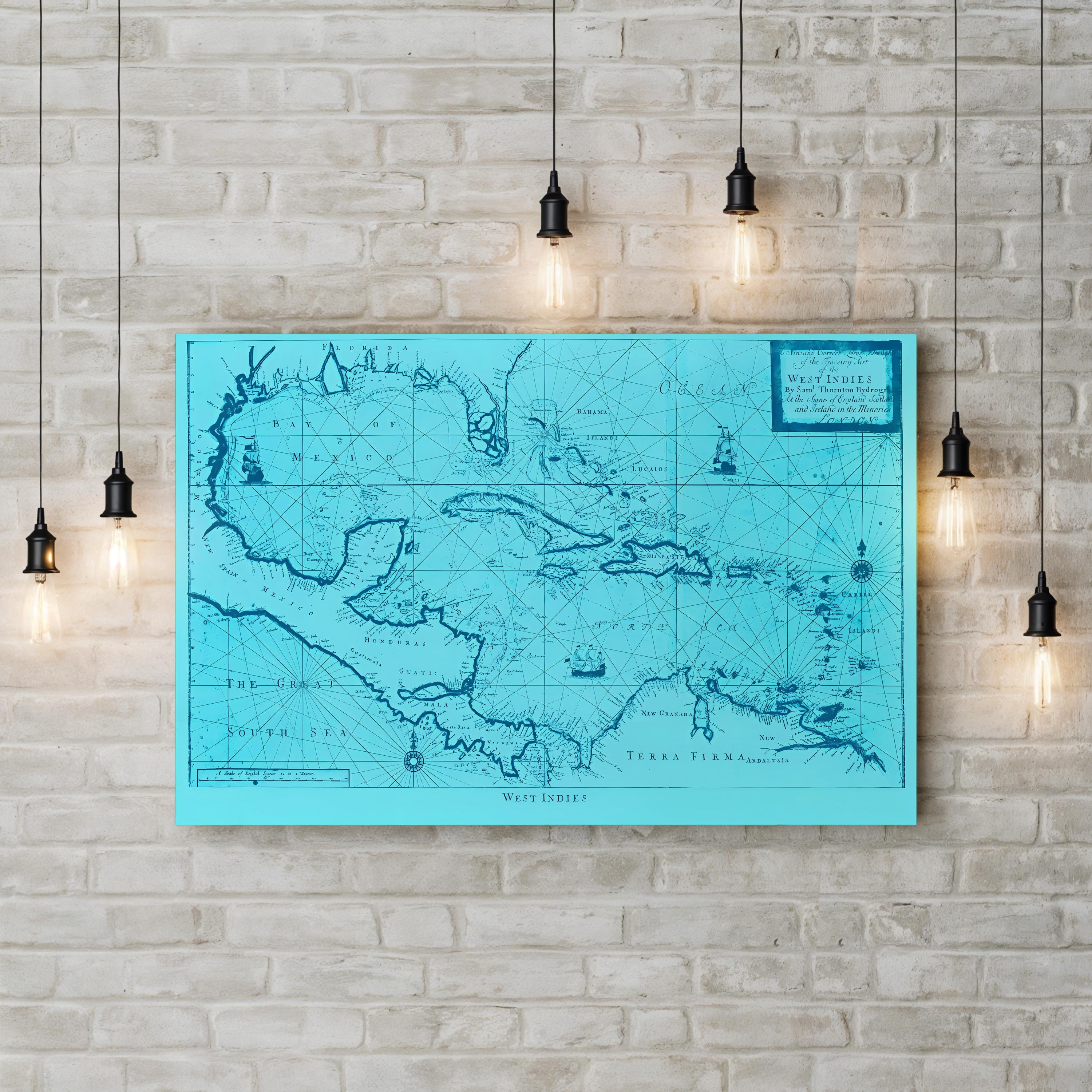 Vintage map of Canada on a teal background hanging on a brick wall.