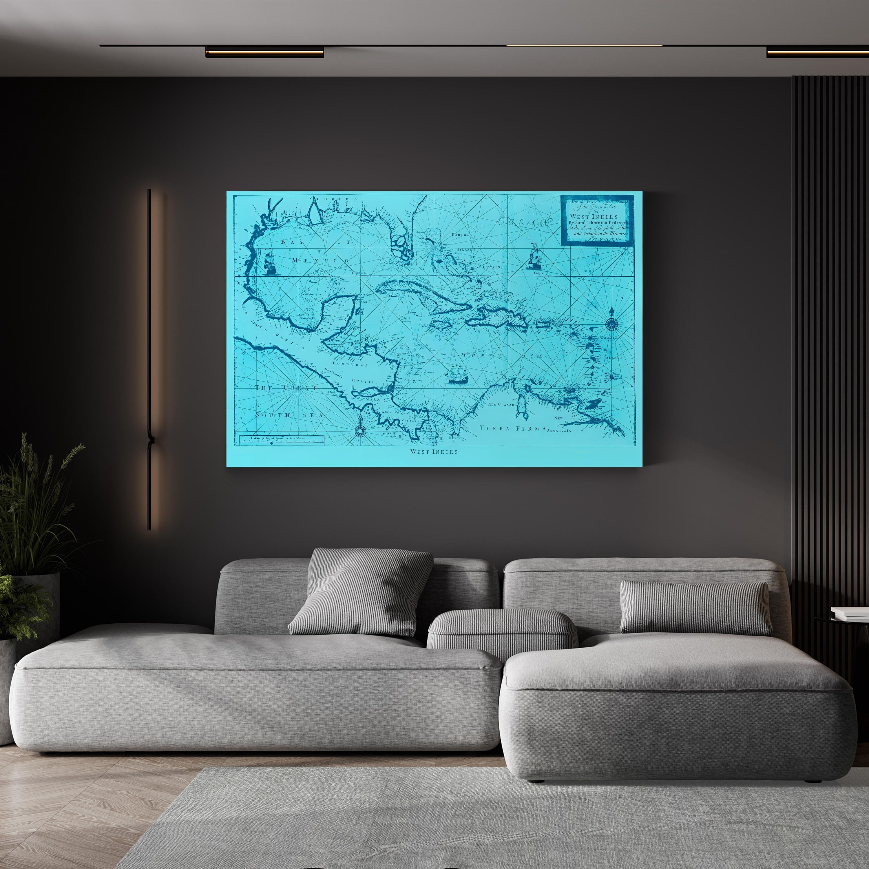 Gray sectional sofa in a living room with a large blue map on the wall.