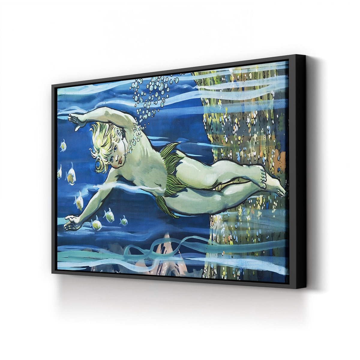 Boy Swimming from The Water-Babies by Jesus Blasco canvas print in Black Framed Canvas