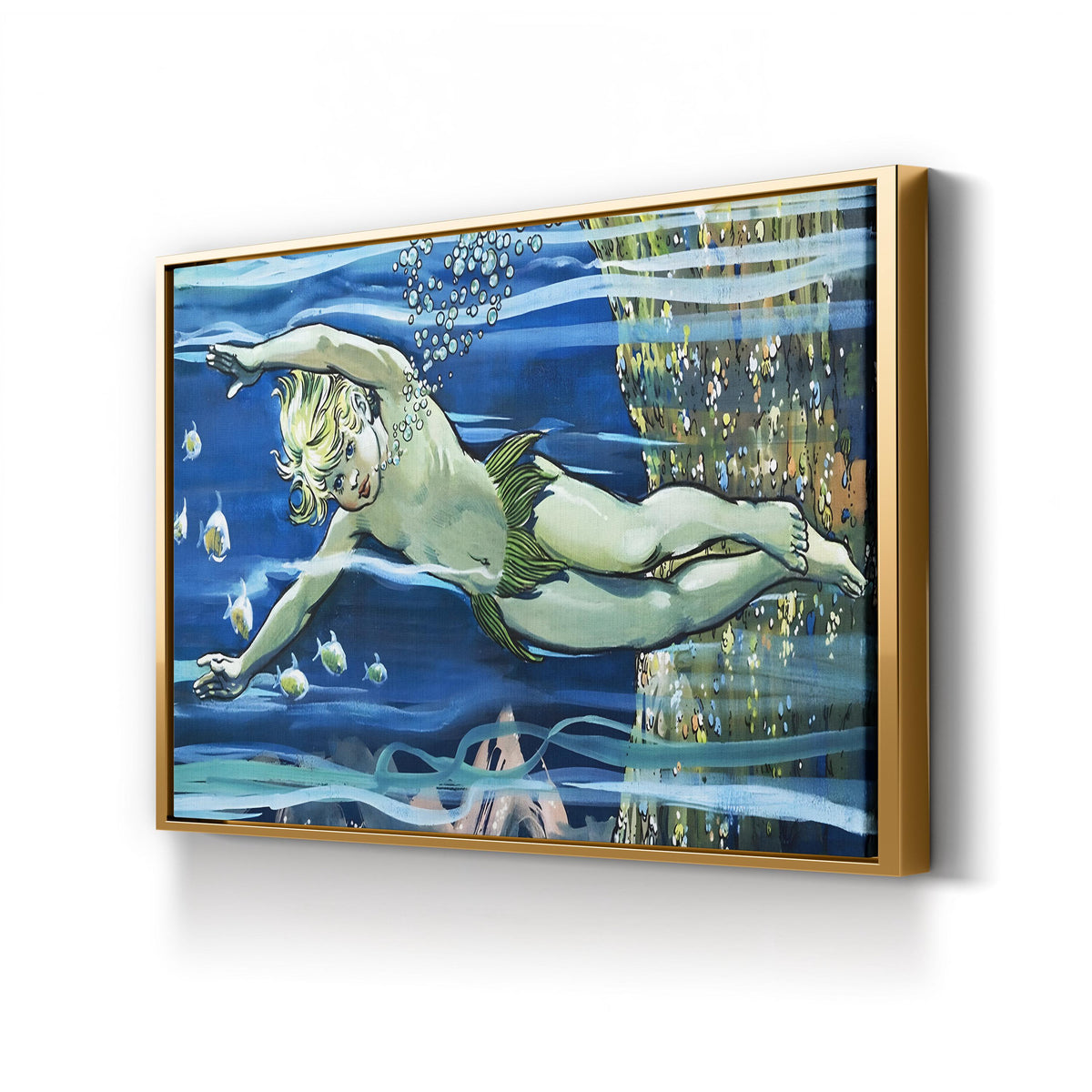 Boy Swimming from The Water-Babies by Jesus Blasco canvas print in Gold Framed Canvas