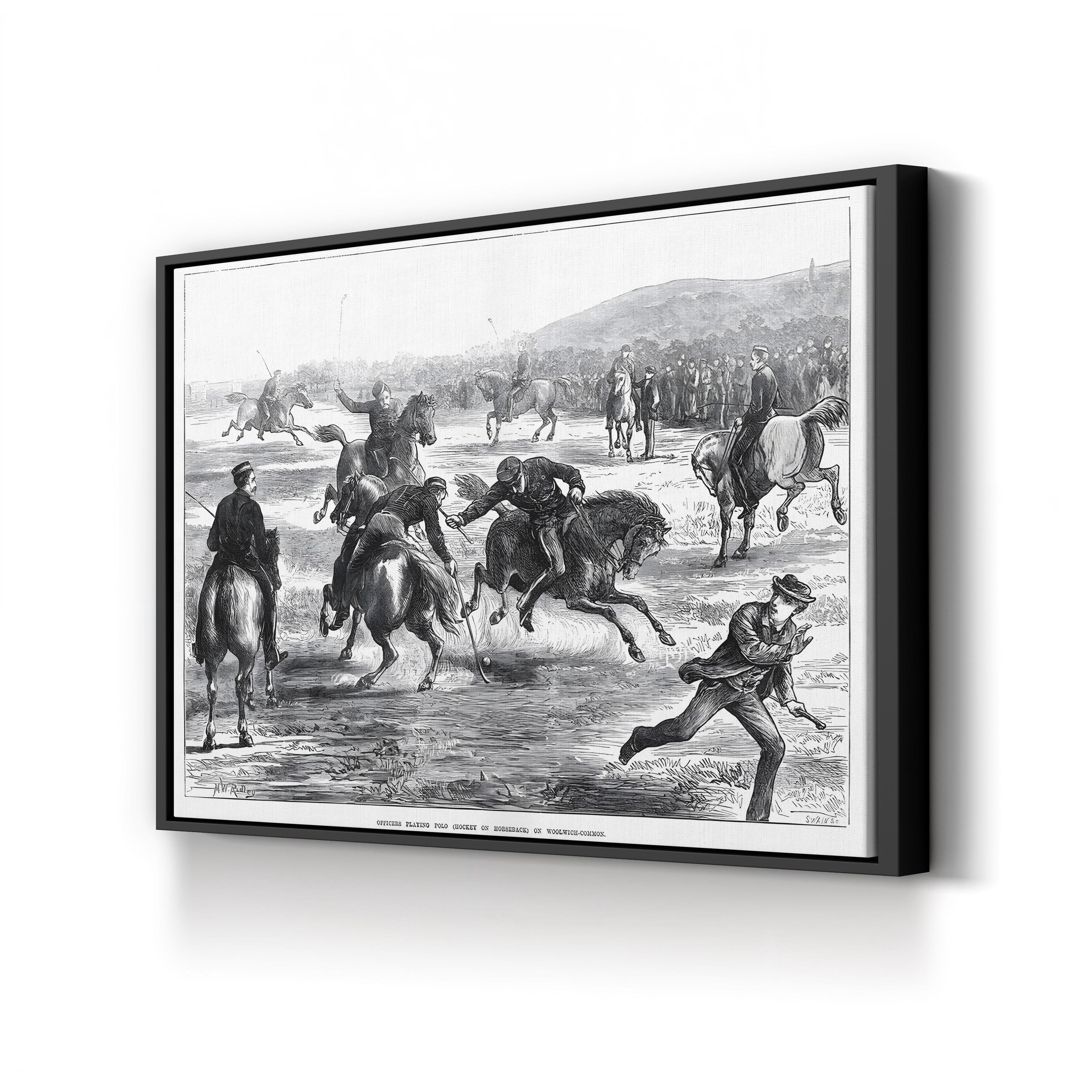 Officers Playing Polo on Woolwich Common by Matthew White Ridley canvas print in Black frame