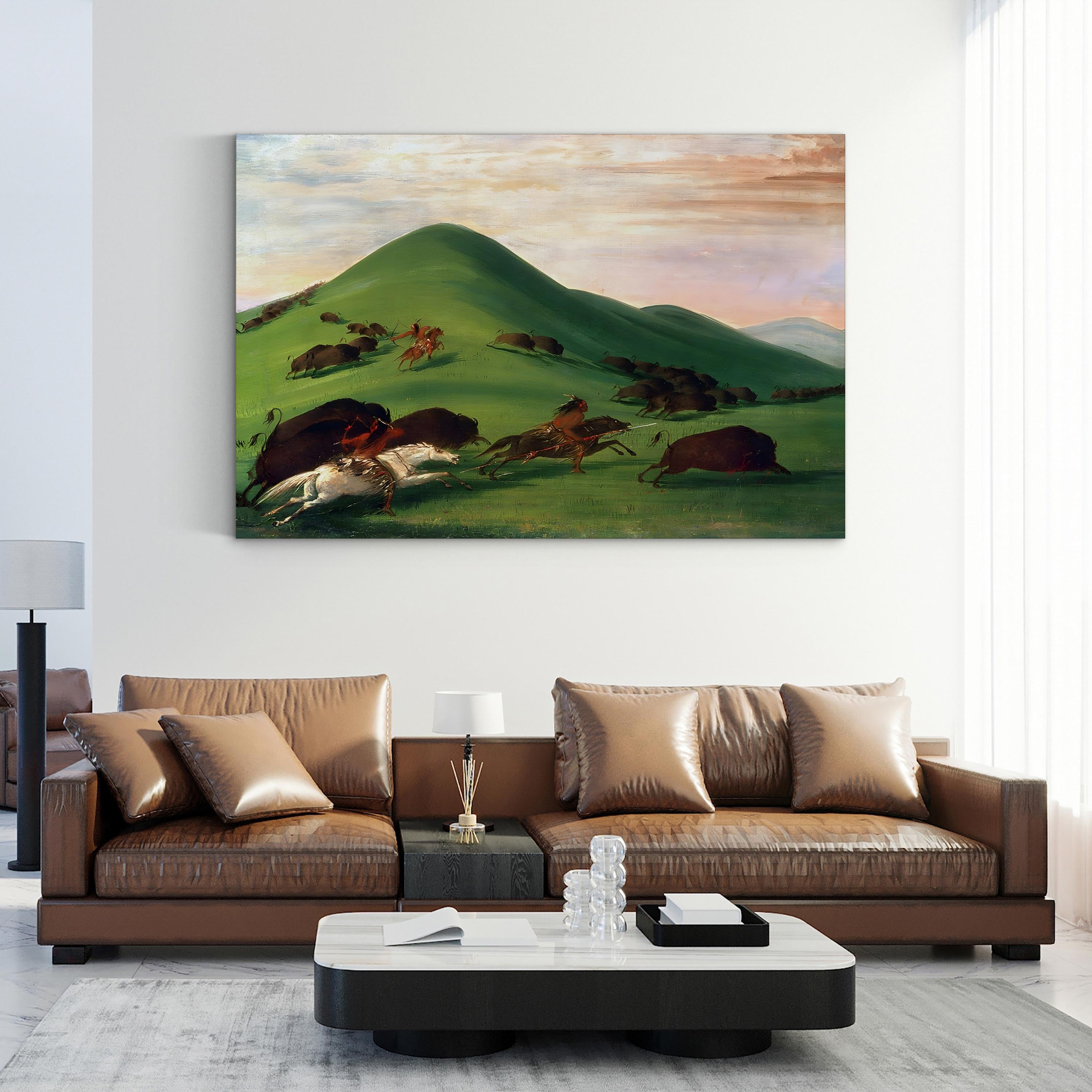 Buffalo Hunt, 1830s Wall Art by George Catlin – Western Native American Historical Canvas