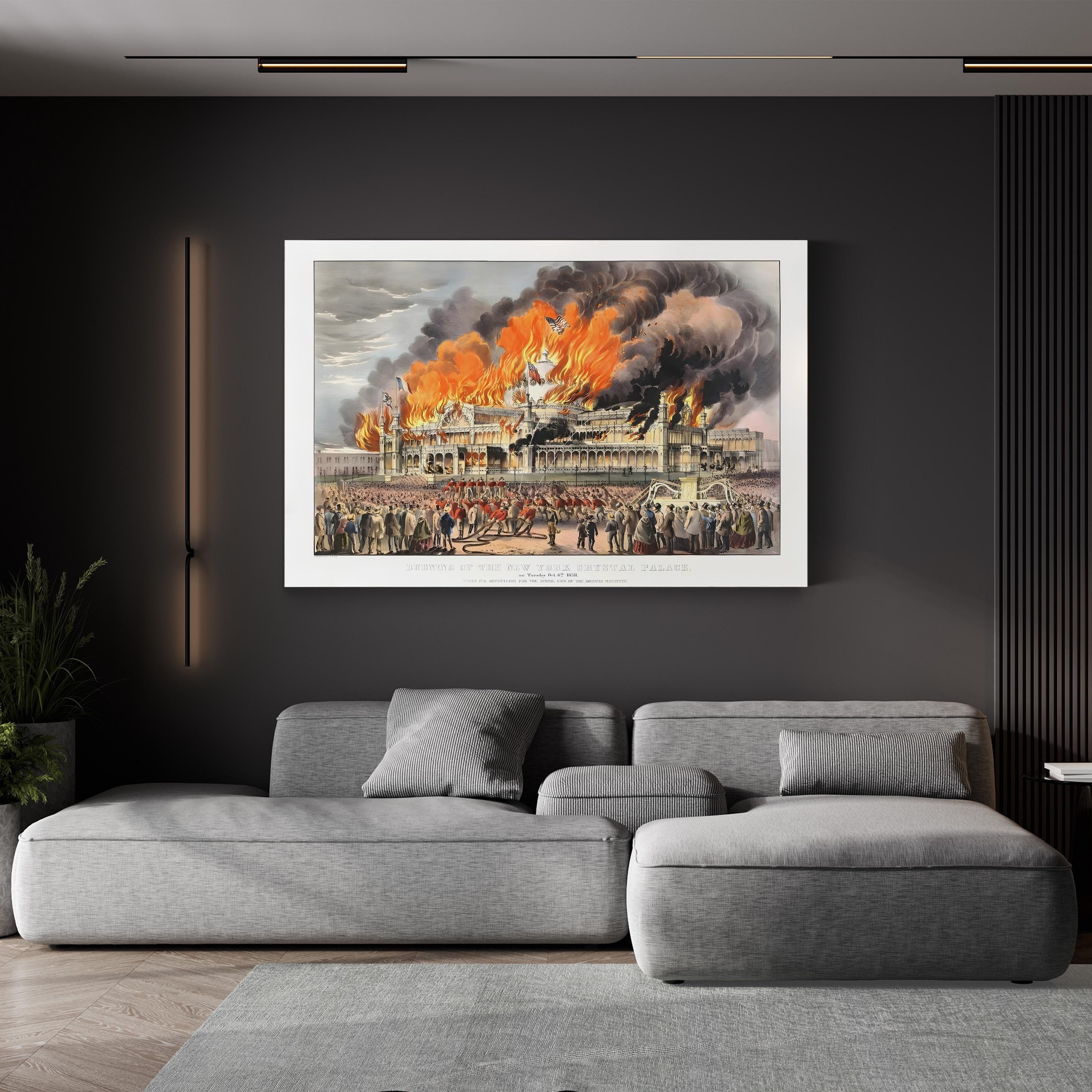 Burning of the New York Crystal Palace, October 5, 1858 by Currier & Ives canvas print in Gallery Canvas frame