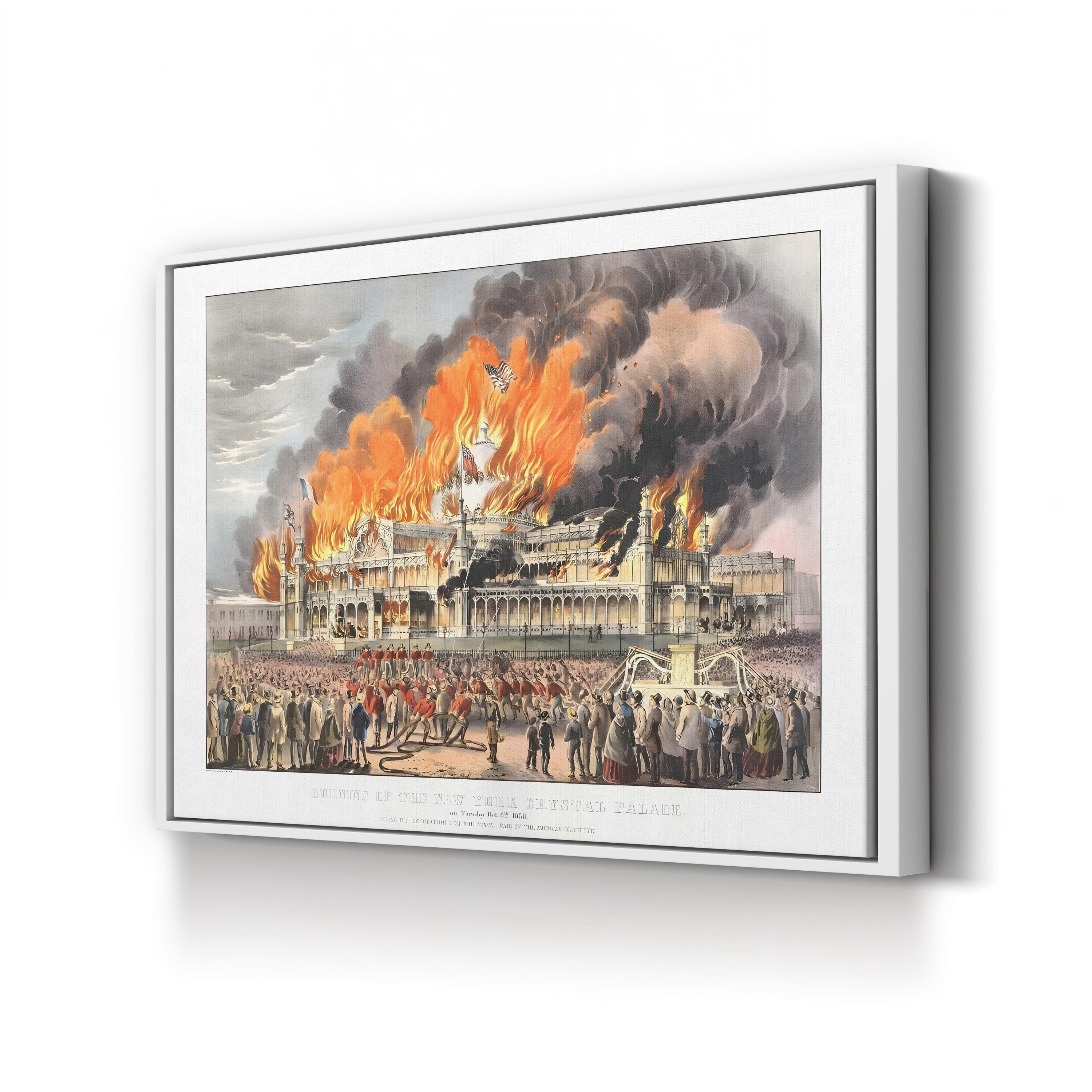 Burning of the New York Crystal Palace, October 5, 1858 by Currier & Ives canvas print in White Framed Canvas