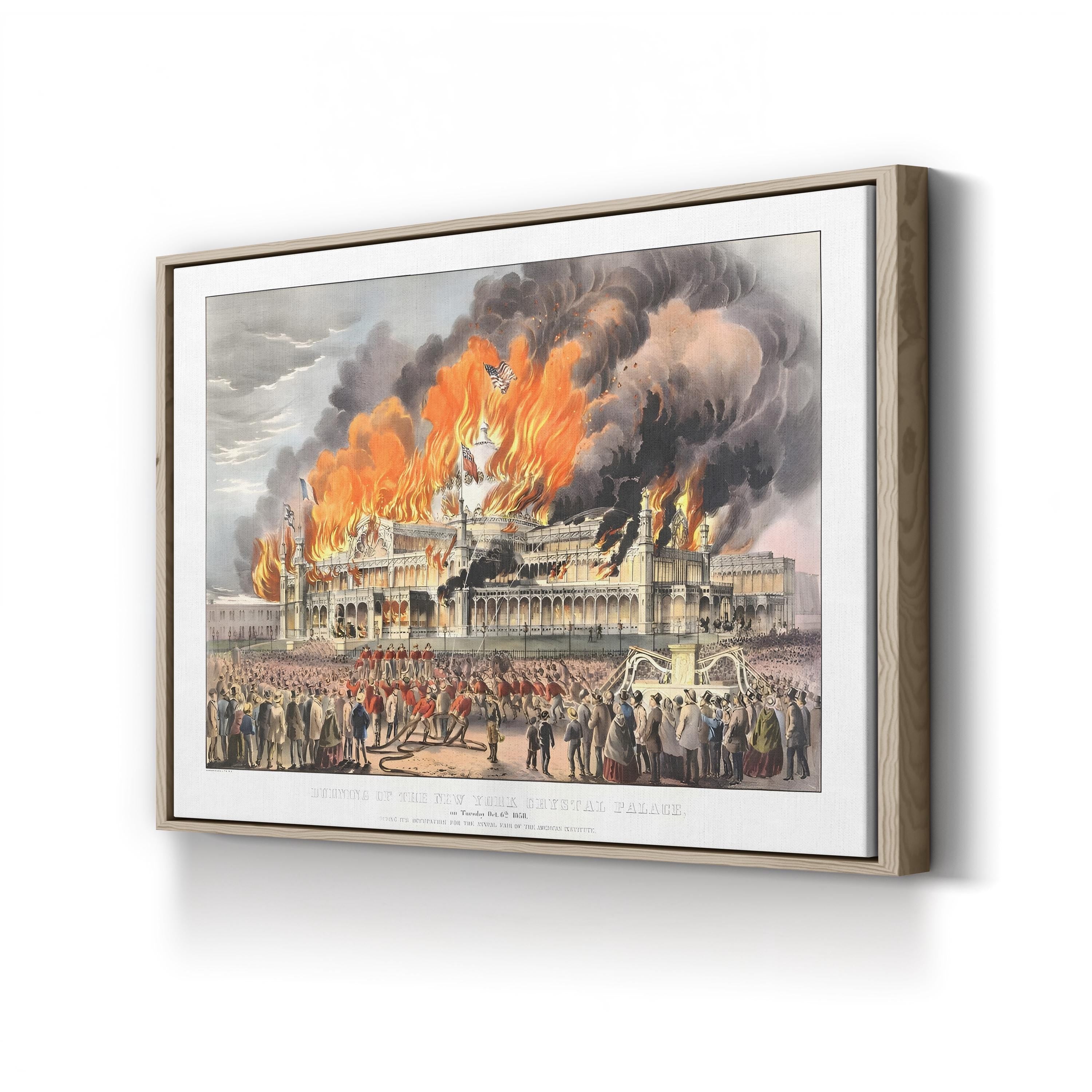 Burning of the New York Crystal Palace, October 5, 1858 by Currier & Ives canvas print in Oak Framed Canvas