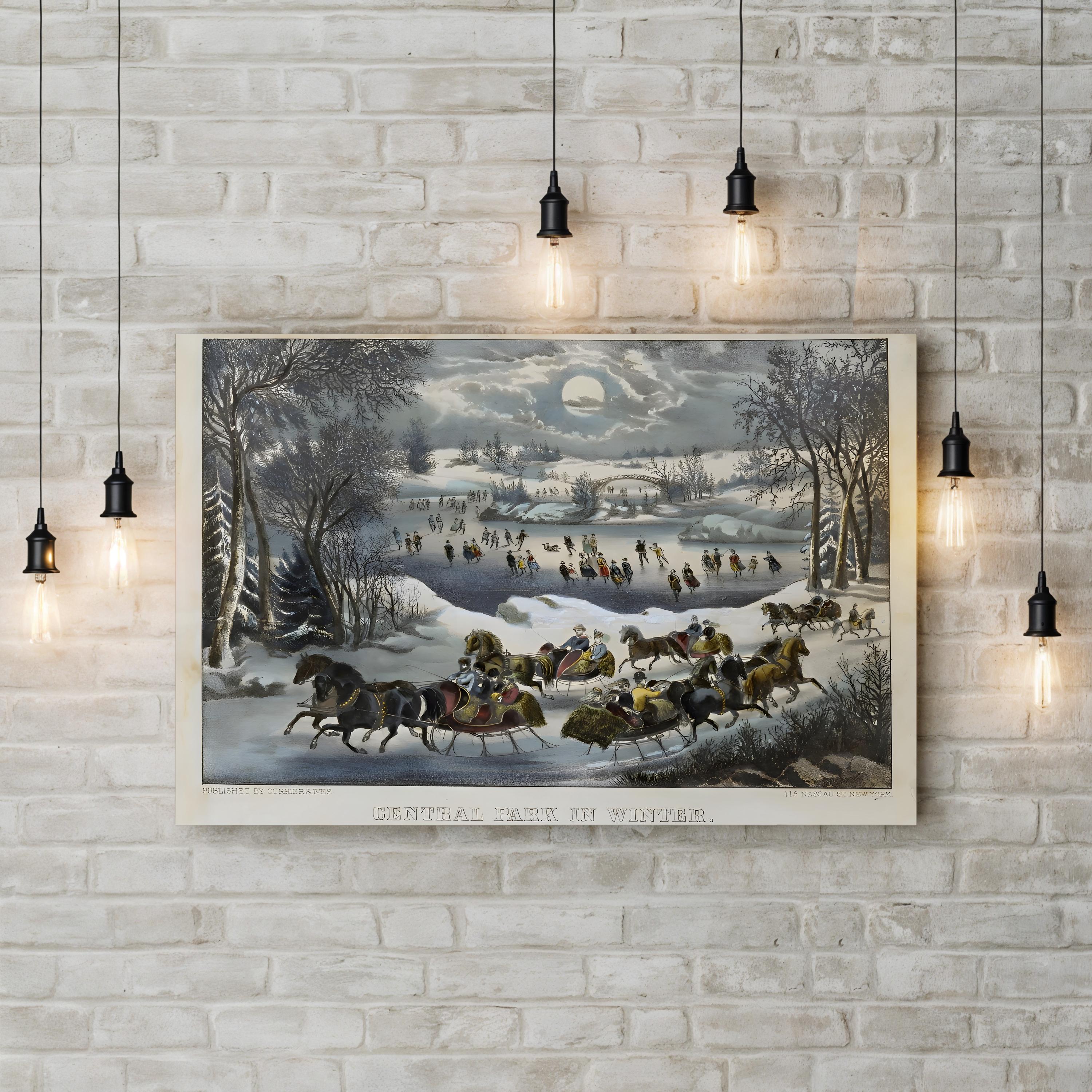 19th-Century Sleigh Rides in Central Park Winter Scene Art Print