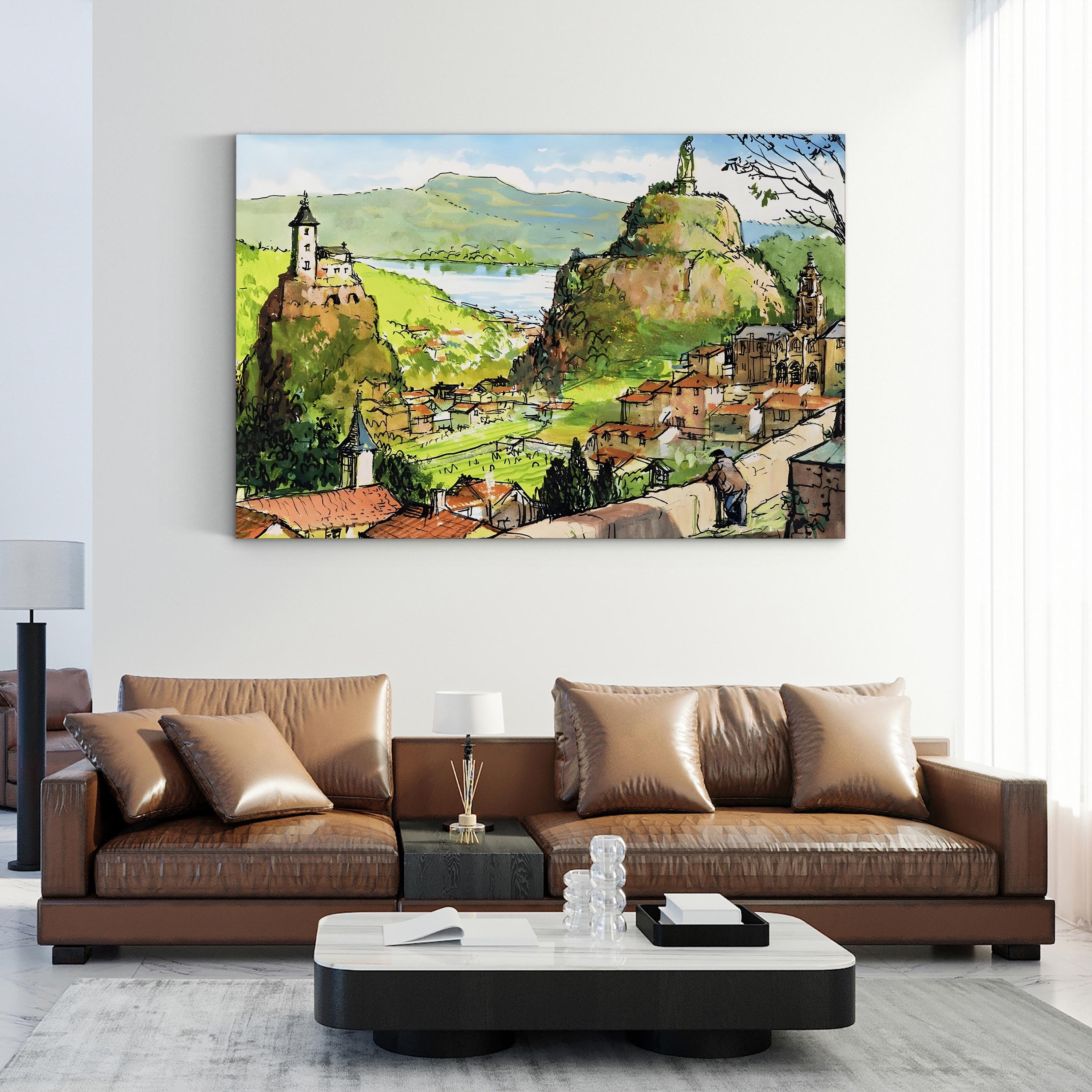 Hilltop Church Countryside – Period Illustration Wall Art | Pastoral Village Canvas Print