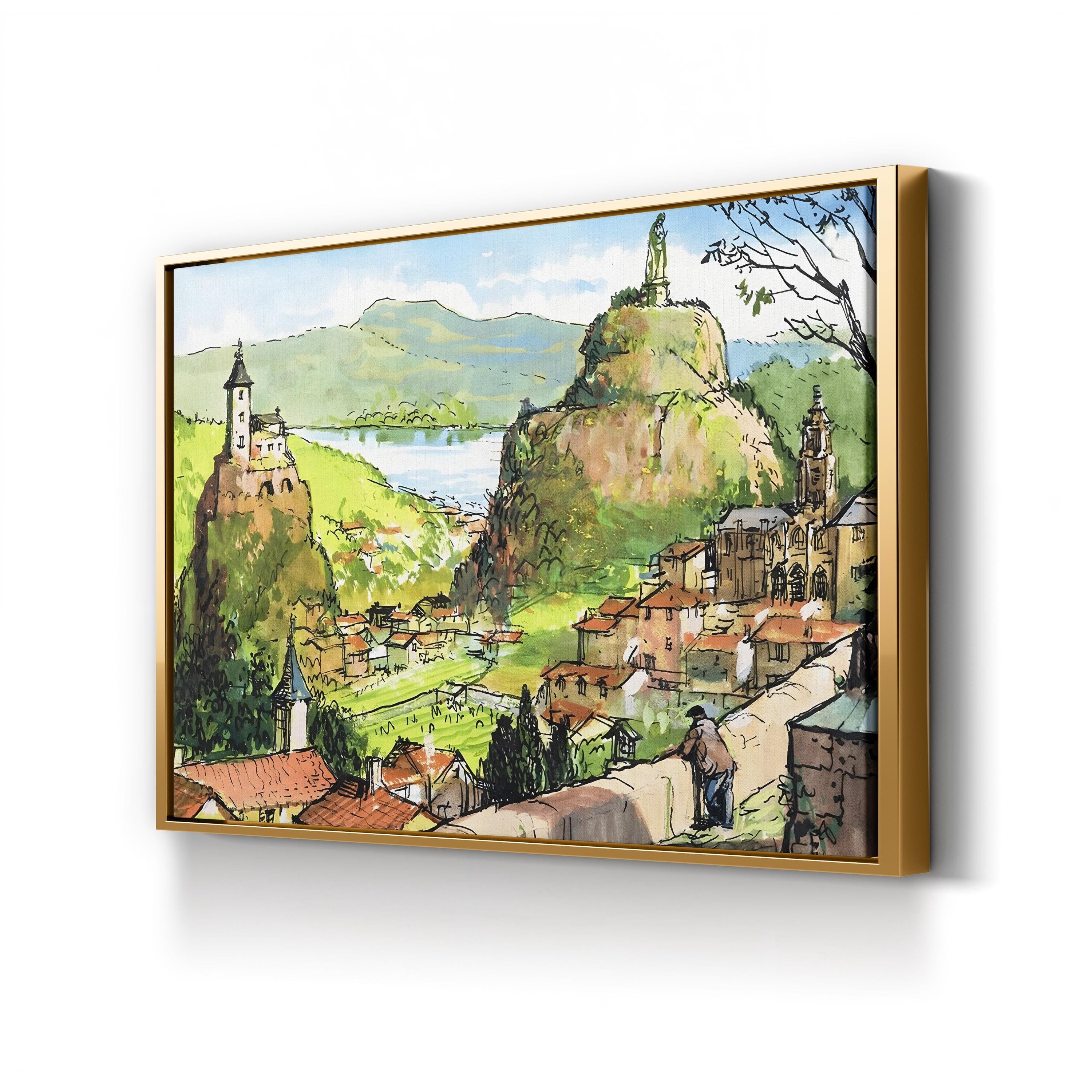 Hilltop Church Countryside – Period Illustration Wall Art | Pastoral Village Canvas Print