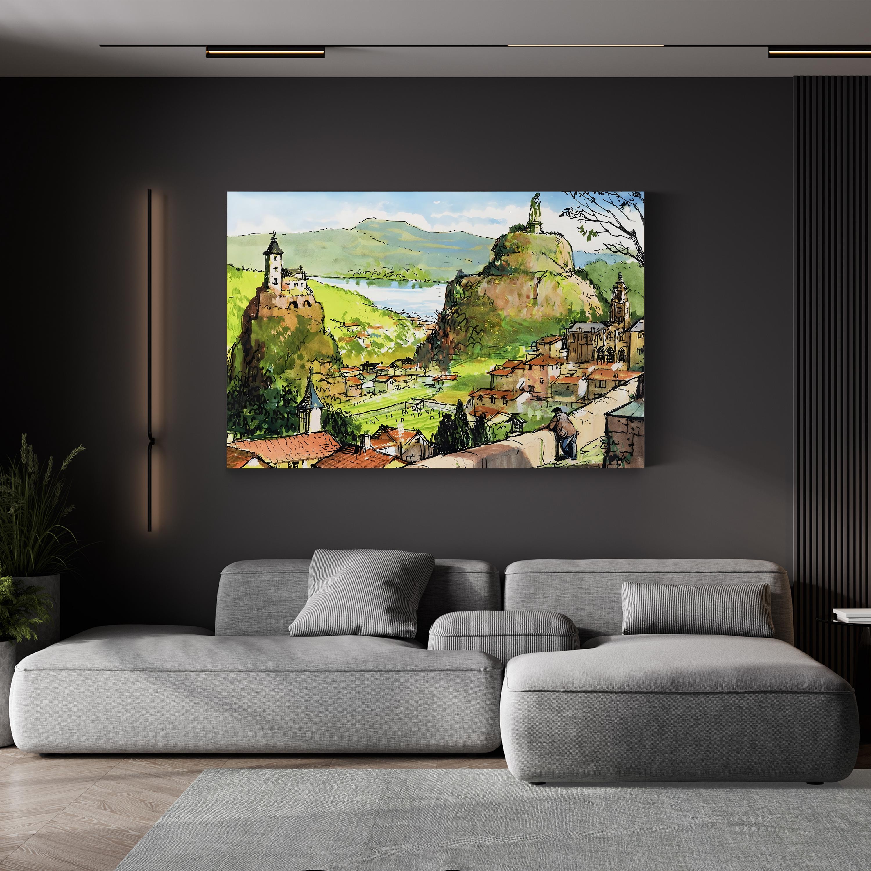 Hilltop Church Countryside – Period Illustration Wall Art | Pastoral Village Canvas Print