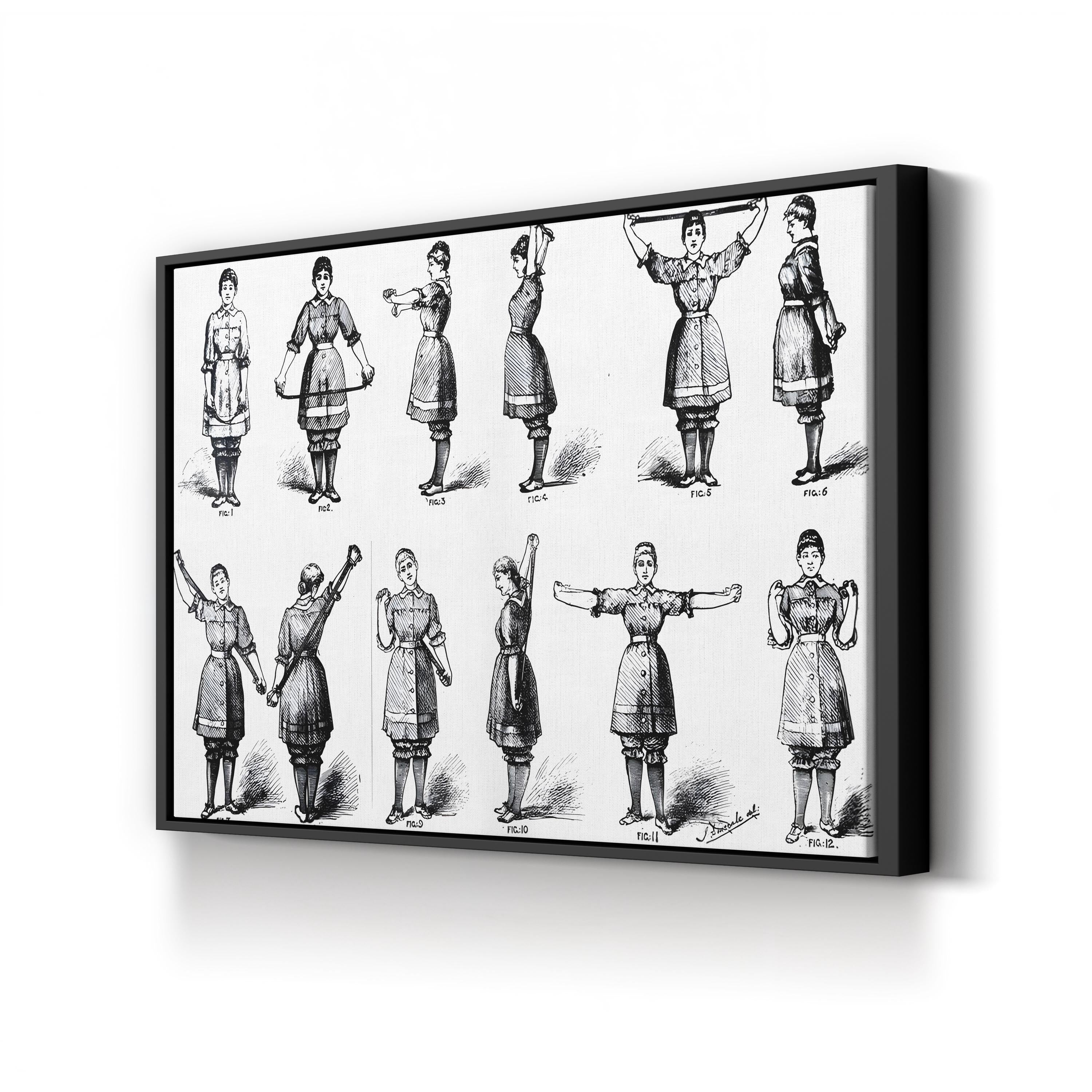 19th Century Calisthenics Exercise Plate canvas print in Black frame