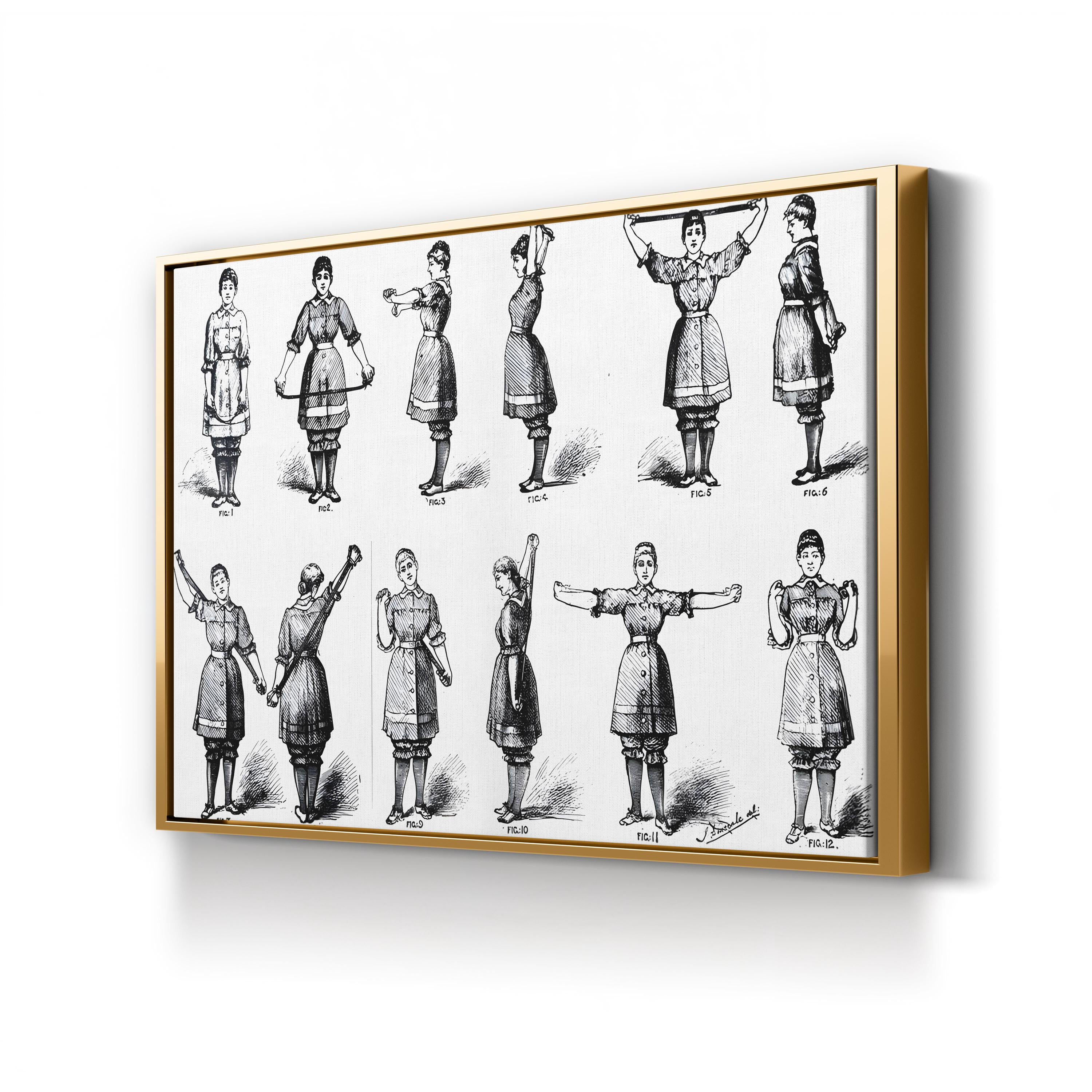 19th Century Calisthenics Exercise Plate canvas print in Gold frame