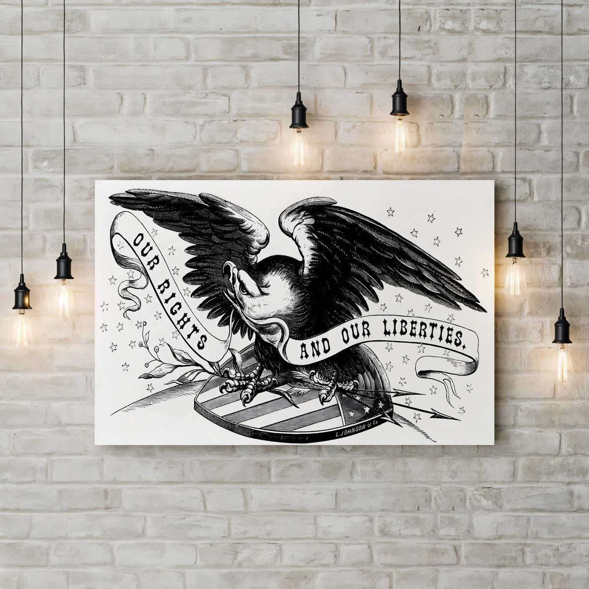 American Eagle with “Our Rights and Our Liberties” Banner Engraving canvas print displayed in a brick-wall room with pendant lights