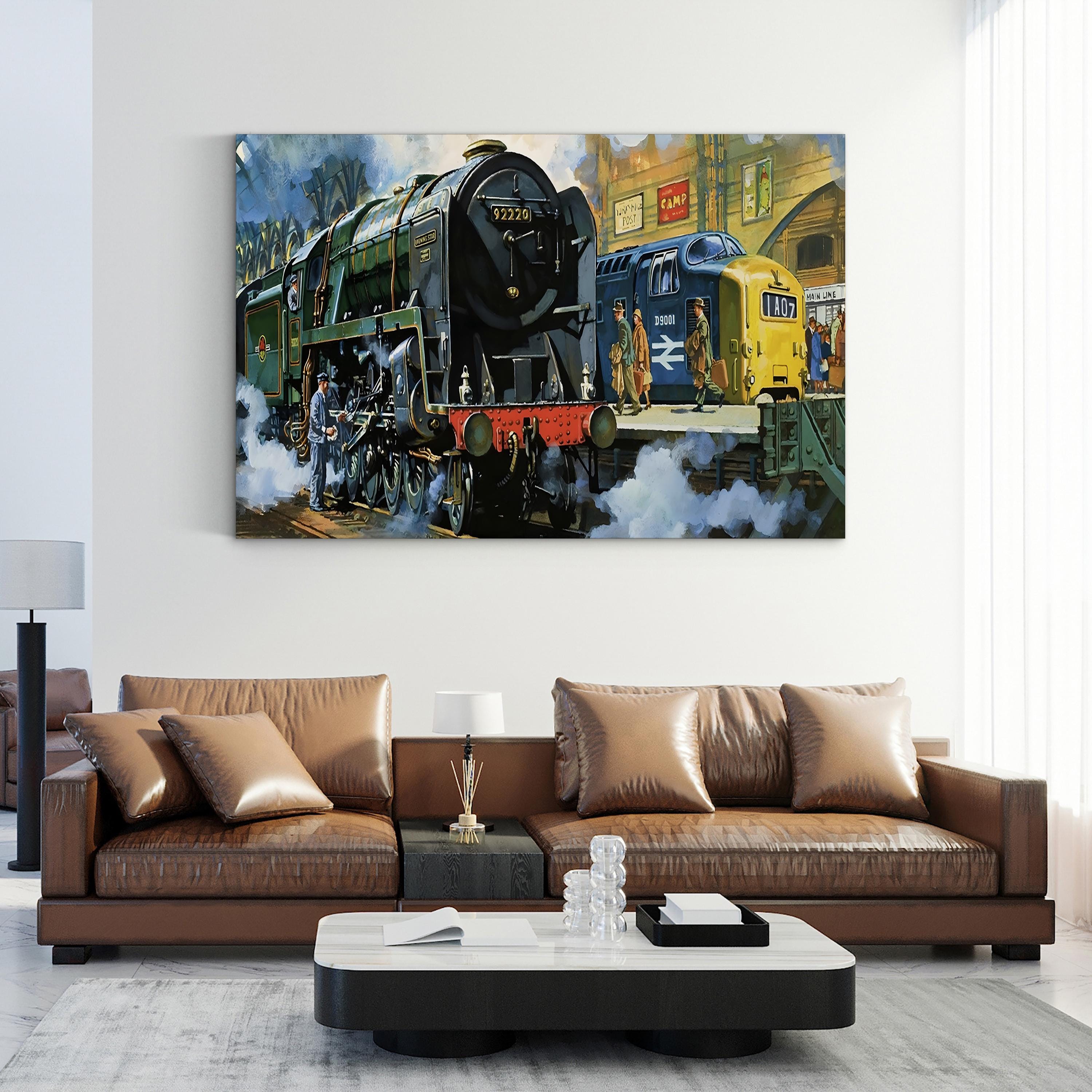 Evening Star, the Last Steam Locomotive and the New Diesel-Electric Deltic – Vintage Railway Canvas Art Print