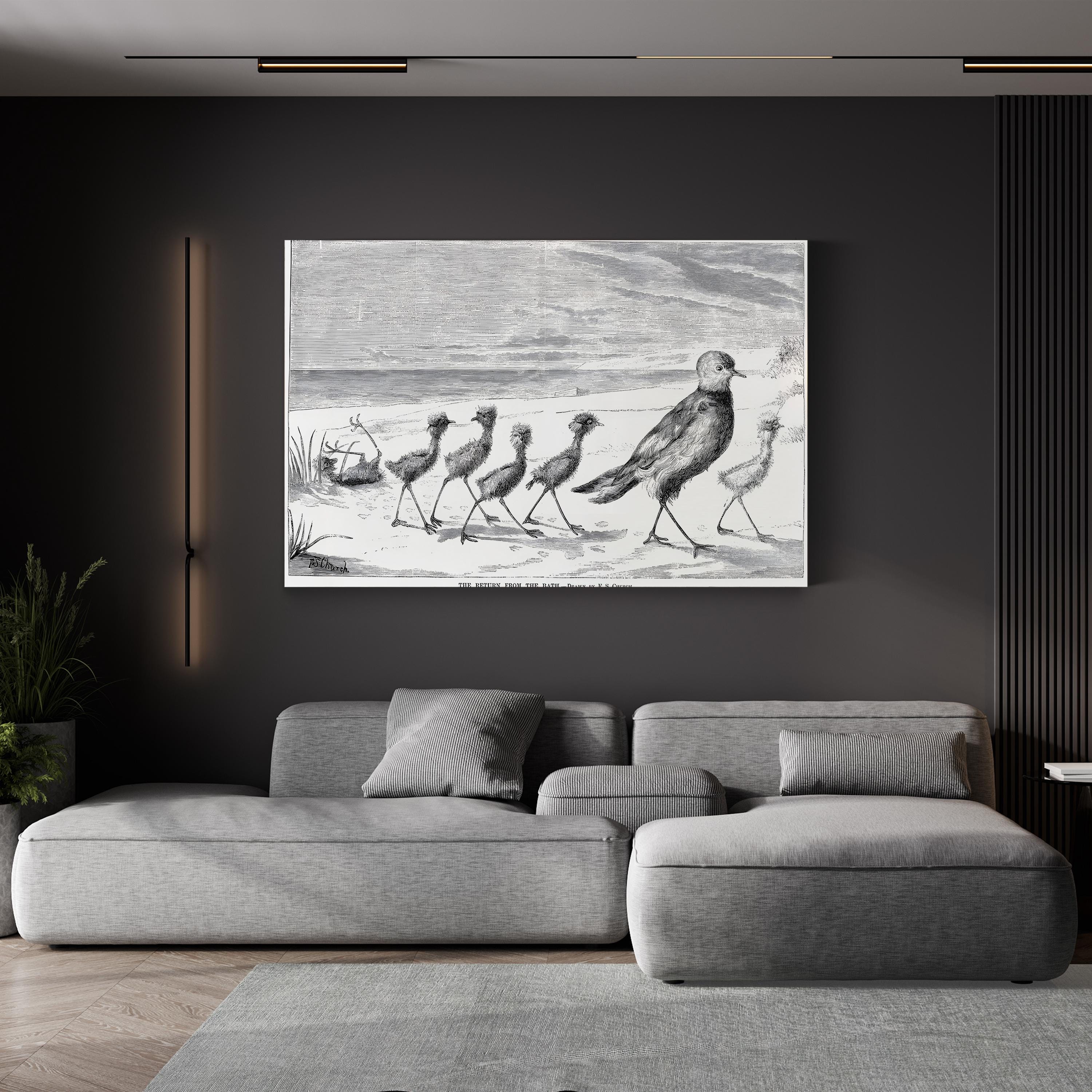 Vintage Bird Family Canvas Art Print: 1879 Engraved Nature Illustration