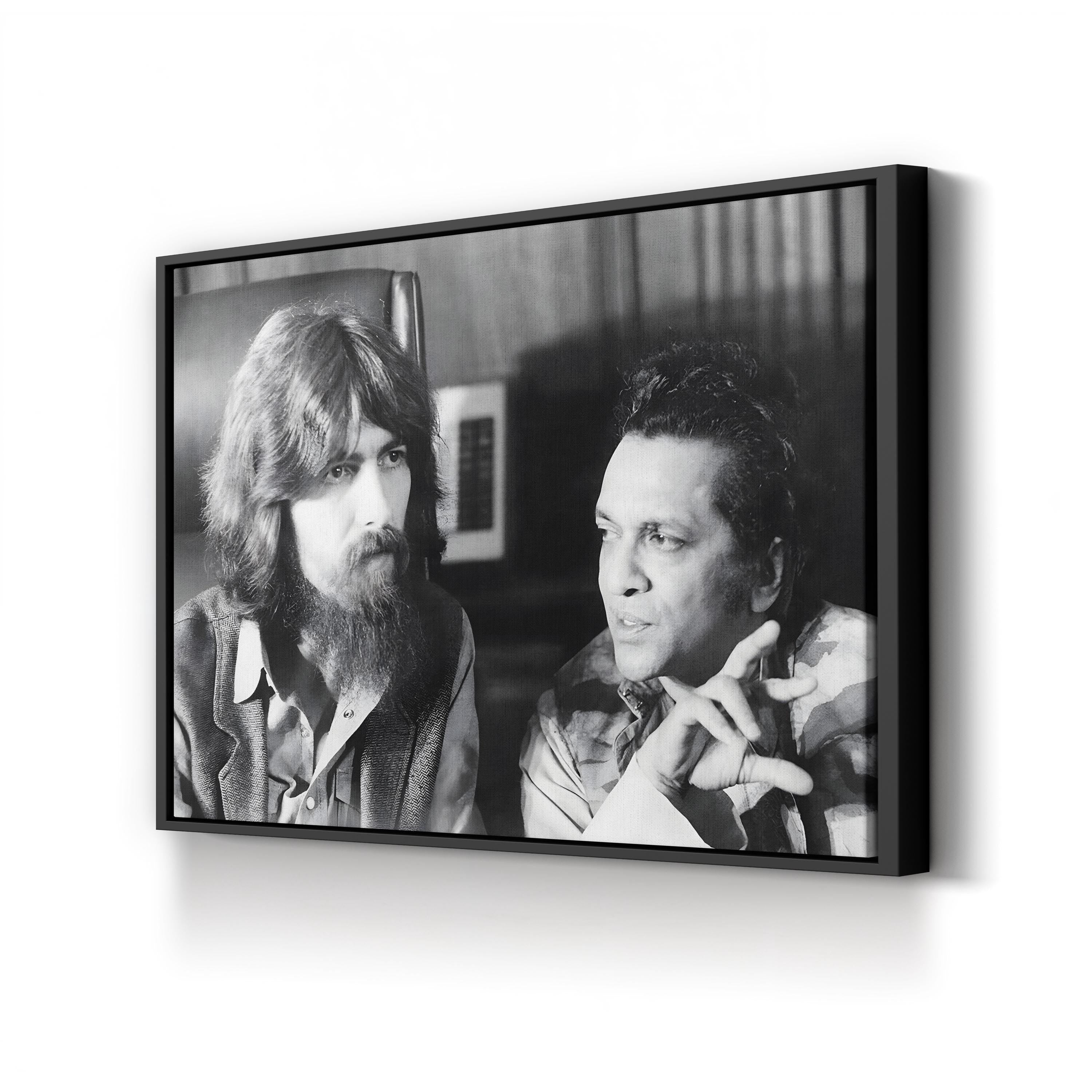George Harrison & Ravi Shankar Canvas Print – 1971 Music History Black and White Photography Art