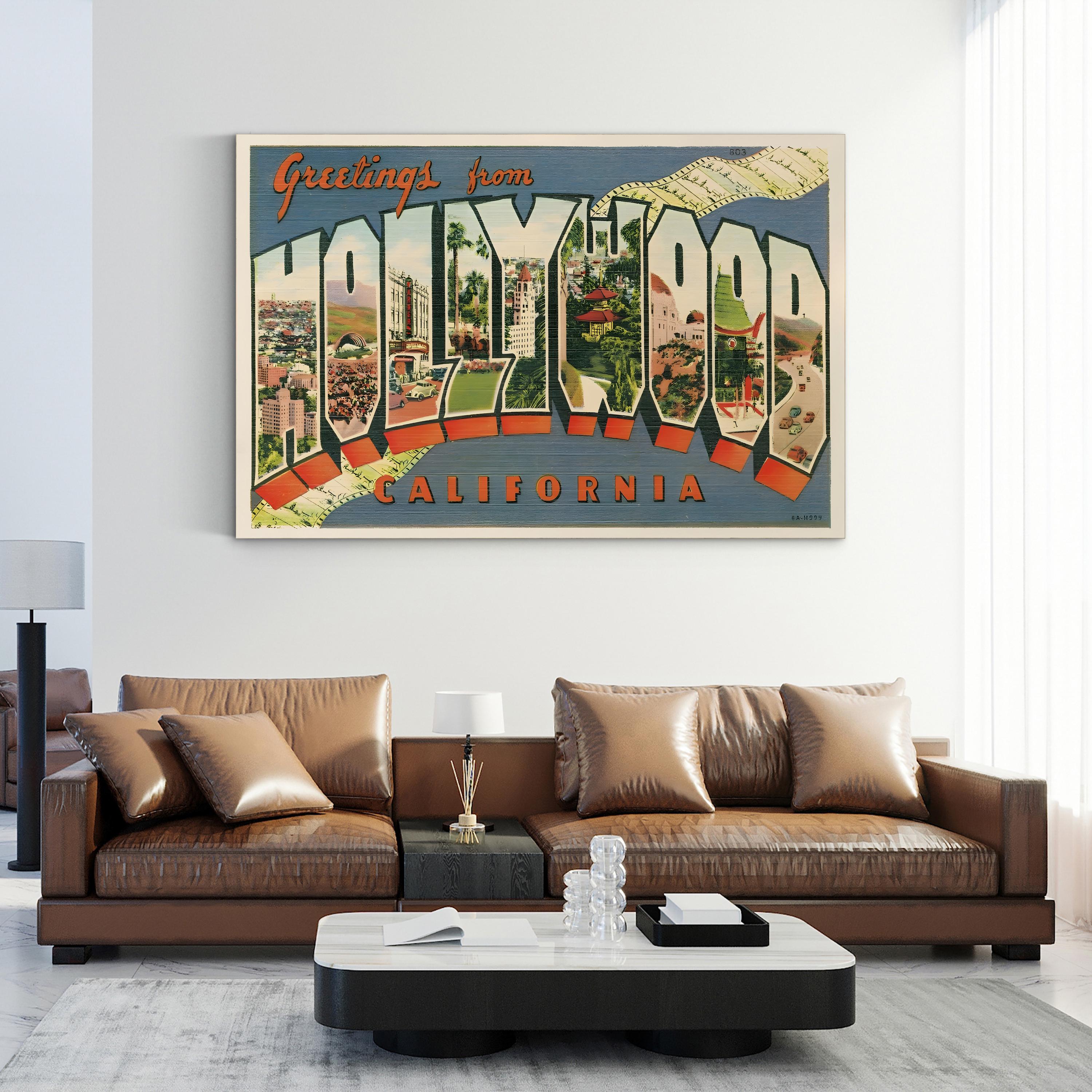Greetings from Hollywood Postcard – Period Illustration Wall Art | Retro Travel Canvas Print