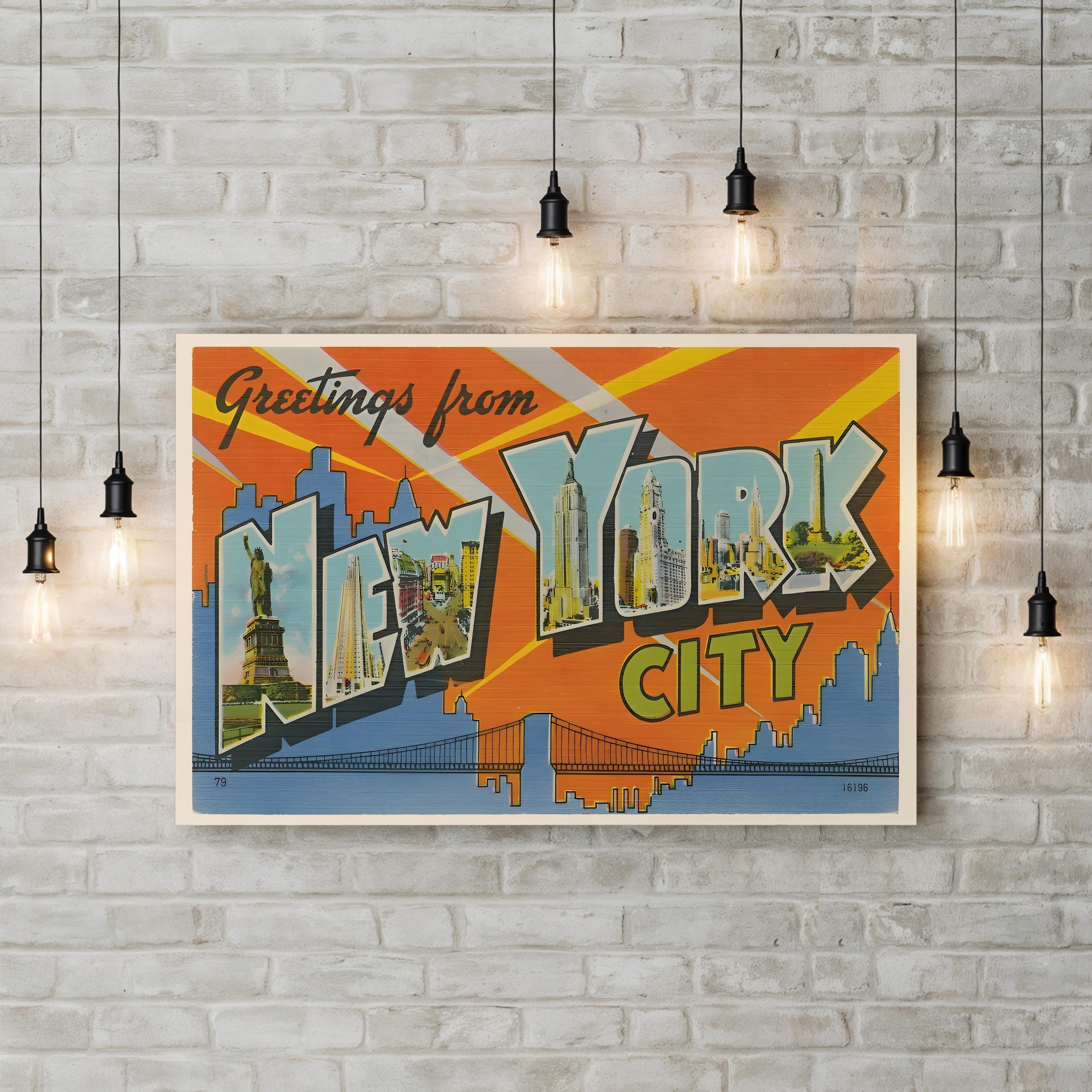 Greetings from New York Postcard – Period Illustration Wall Art | Retro Travel Canvas Print