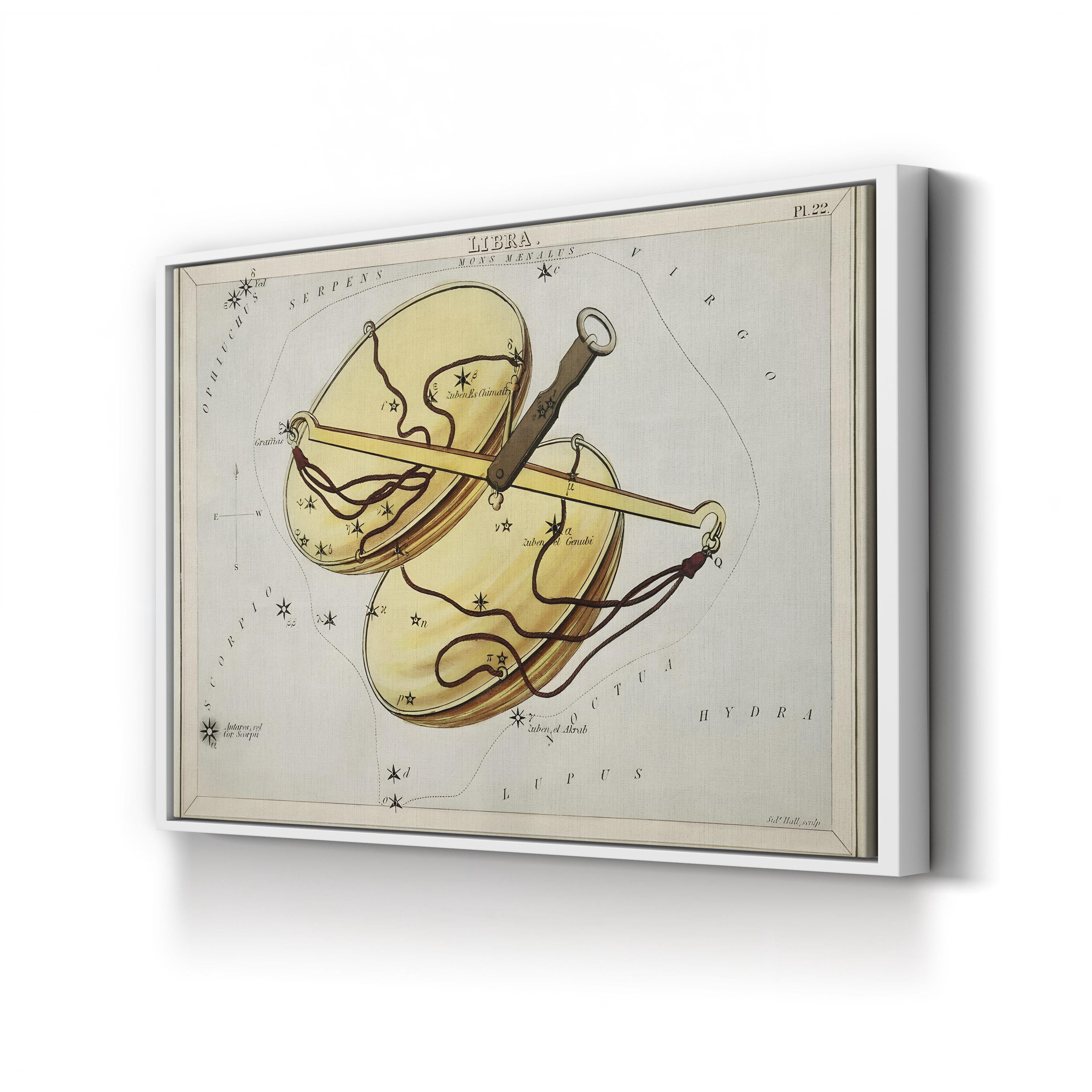 Libra Constellation Star Map by Sidney Hall canvas print in White frame style