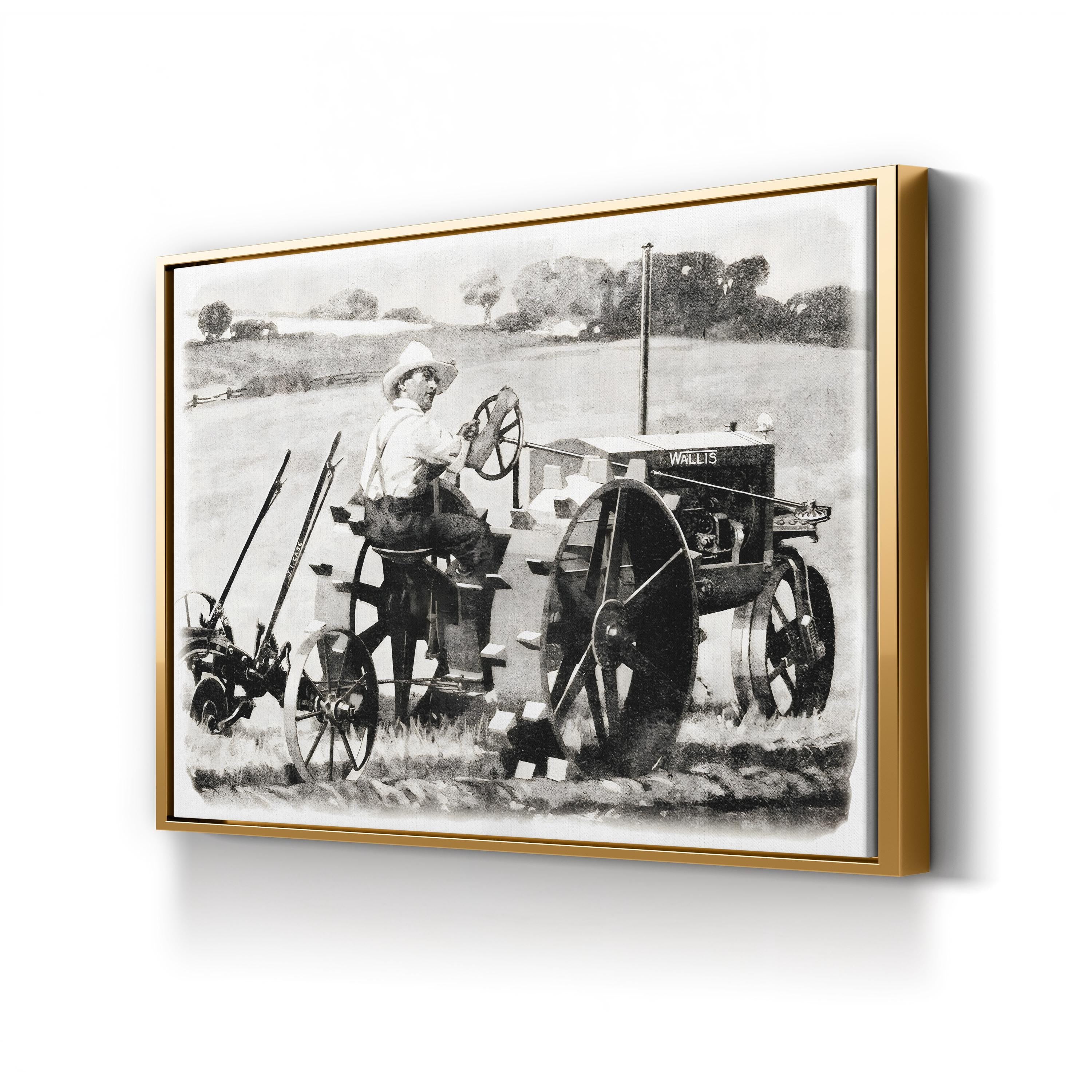 Farmer on a Wallis Tractor canvas print in gold frame