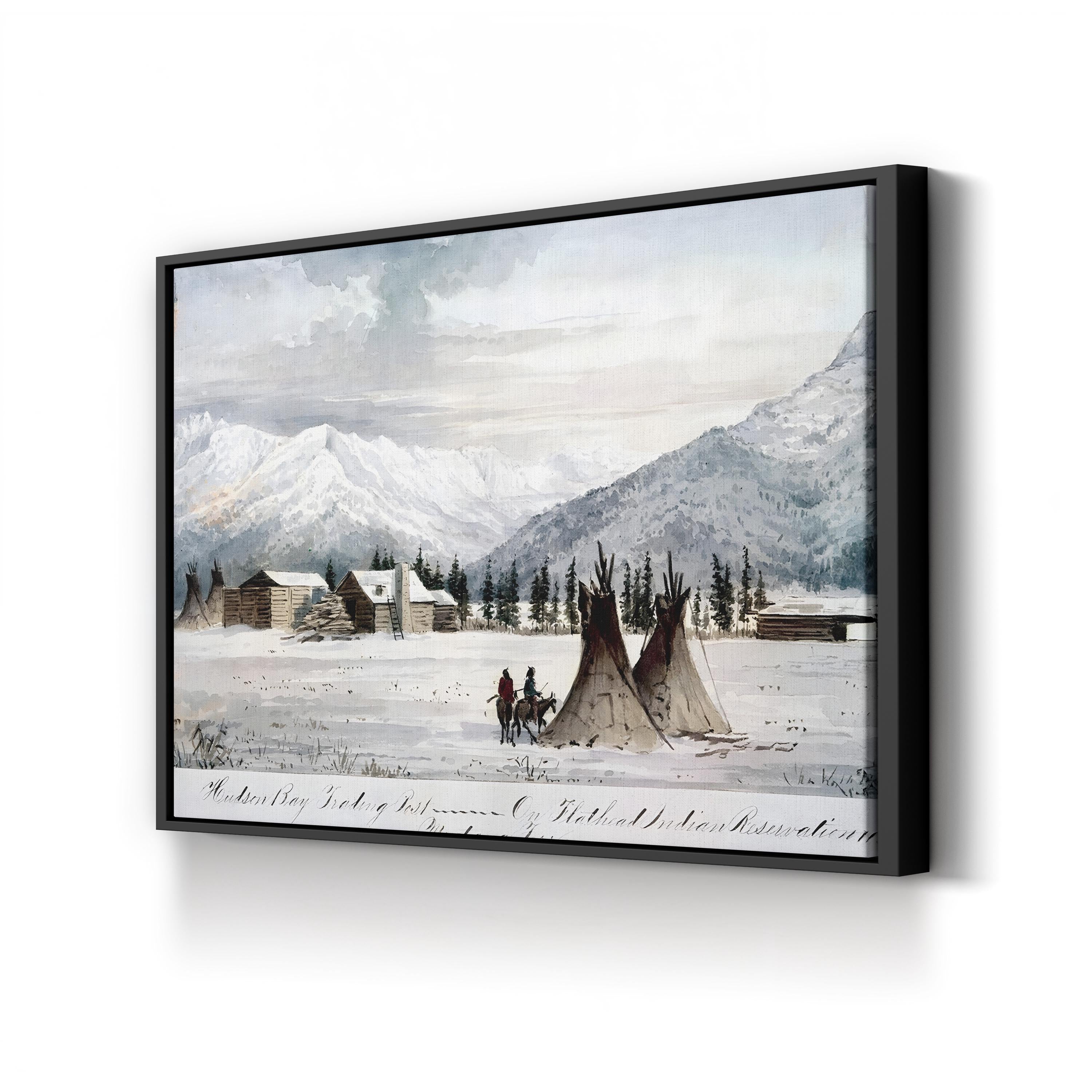 Hudson Bay Trading Post, Montana Territory 1860s – Period Illustration Wall Art | Vintage Western Canvas Print