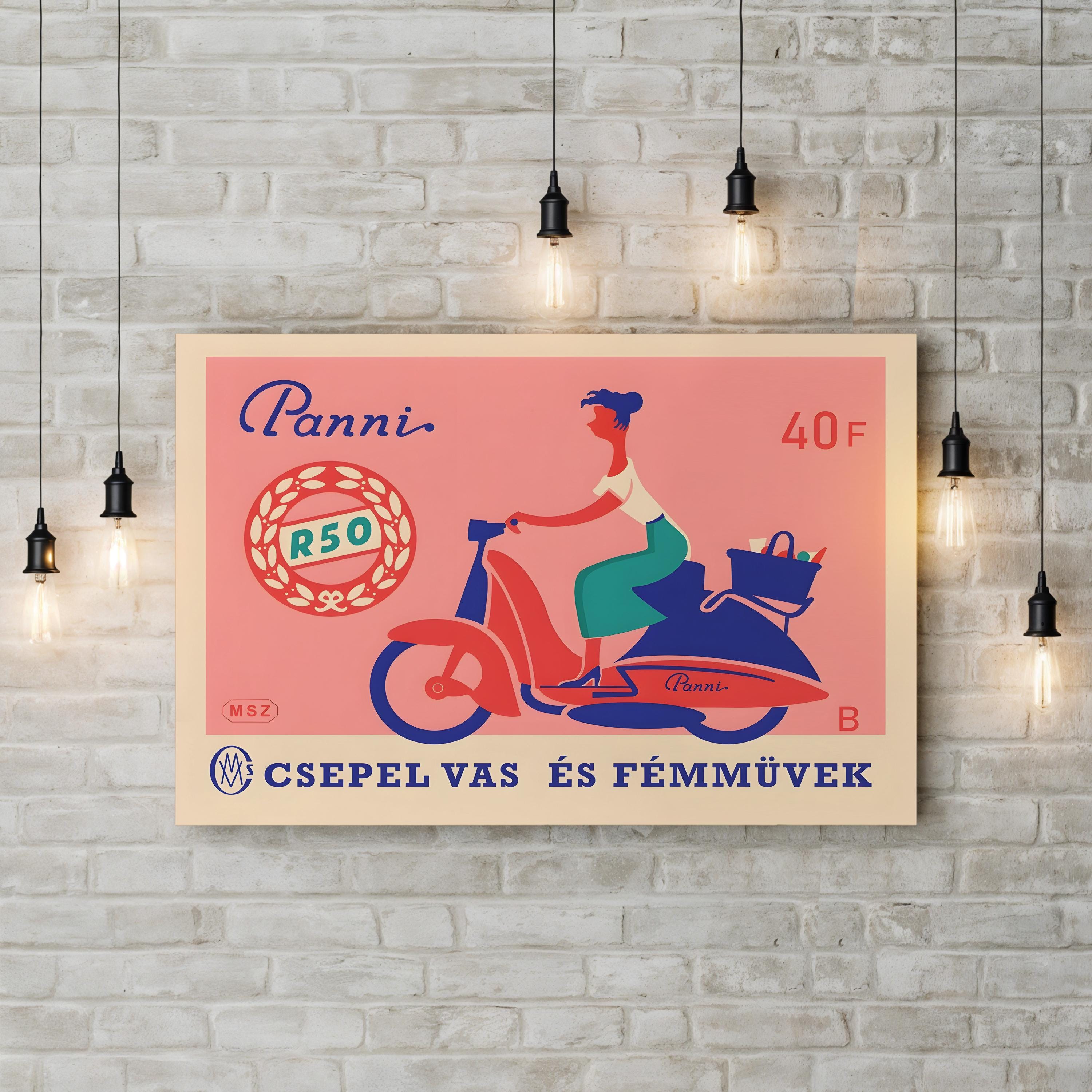 Panni Scooter Matchbox Poster – Period Illustration Wall Art | 1950s Hungarian Canvas Print