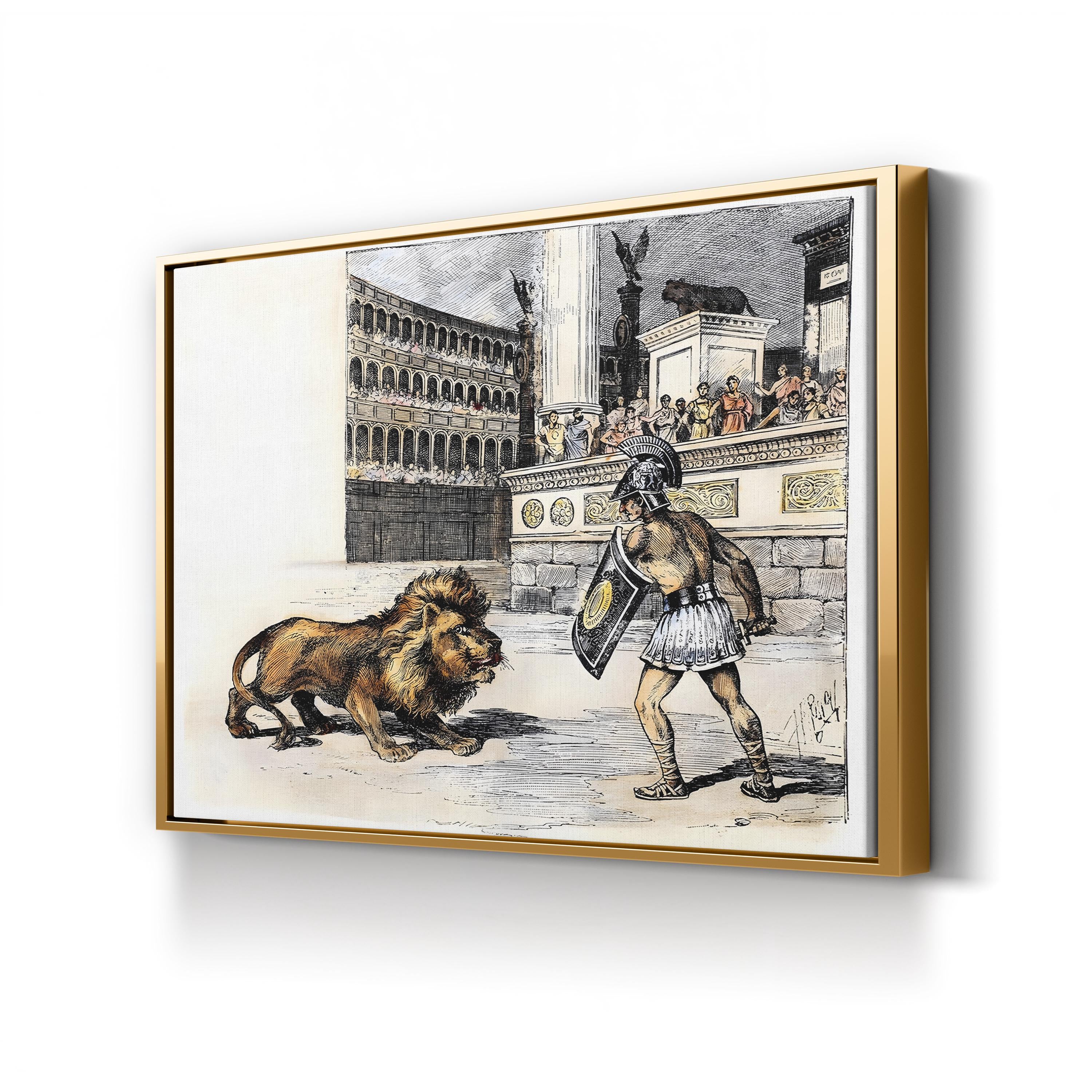 Lion and Gladiator, c. 1892 canvas print in Gold frame