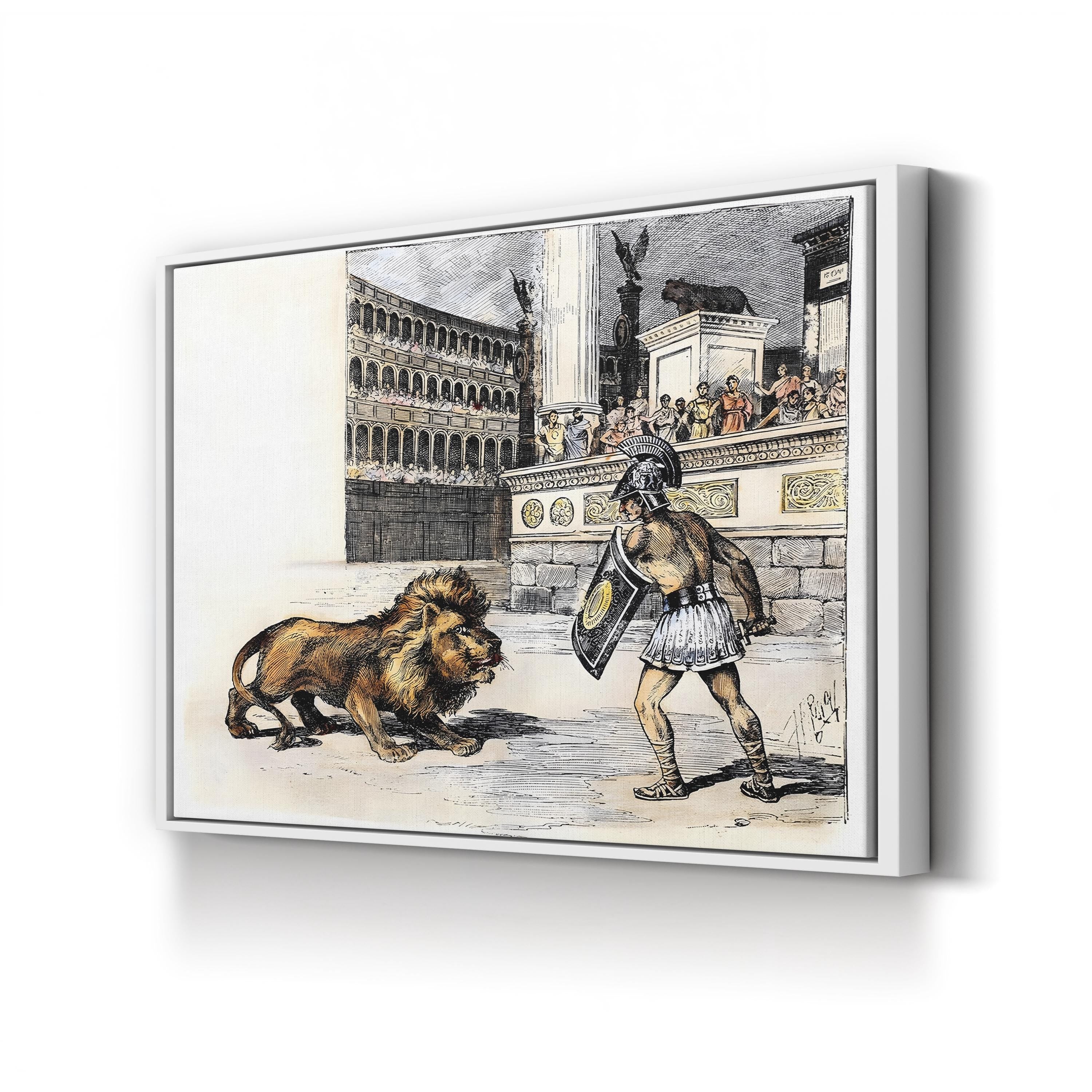 Lion and Gladiator, c. 1892 canvas print in White frame