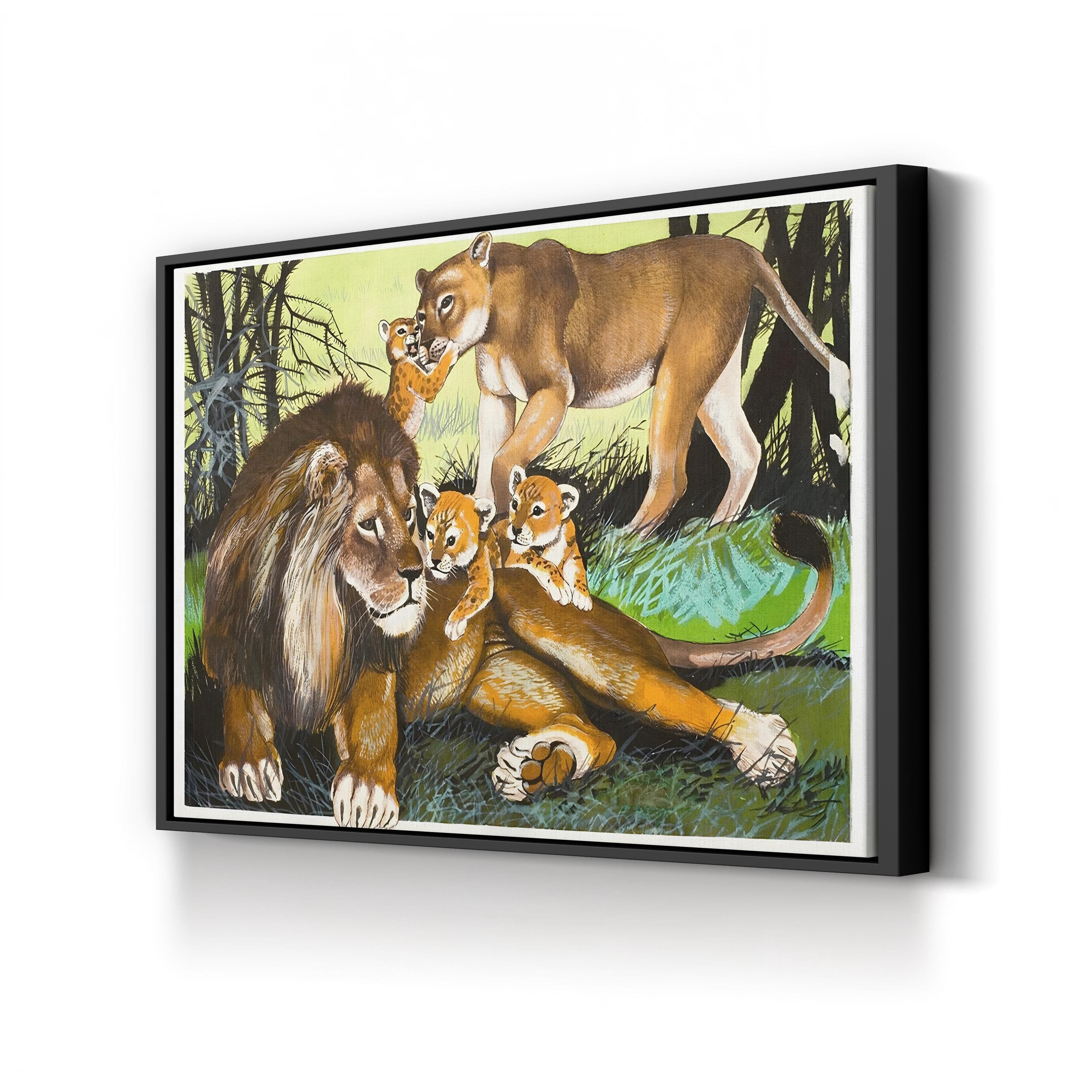 Lion, Lioness and Cubs Wall Art | English School Black & White Wildlife Canvas