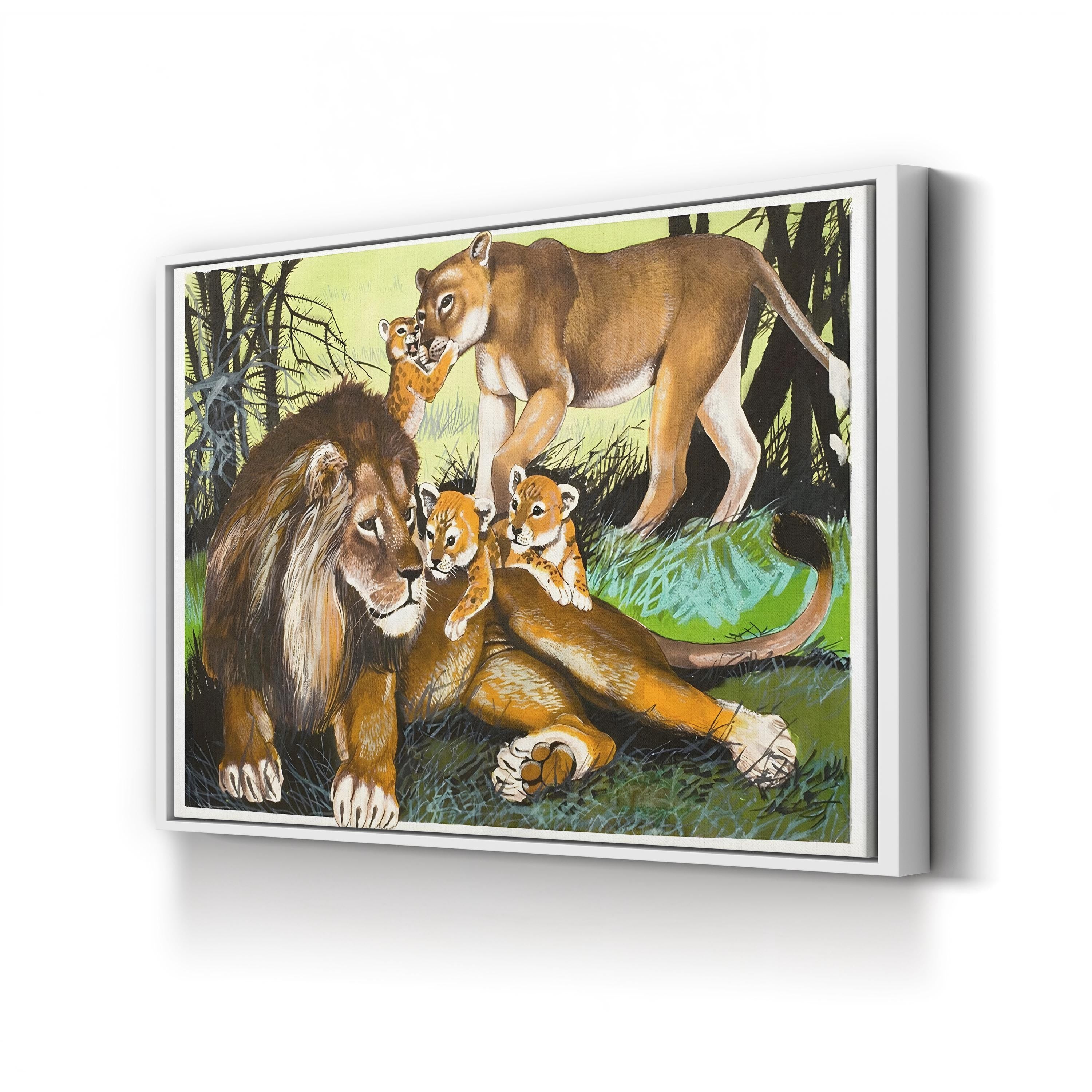 Lion, Lioness and Cubs Wall Art | English School Black & White Wildlife Canvas