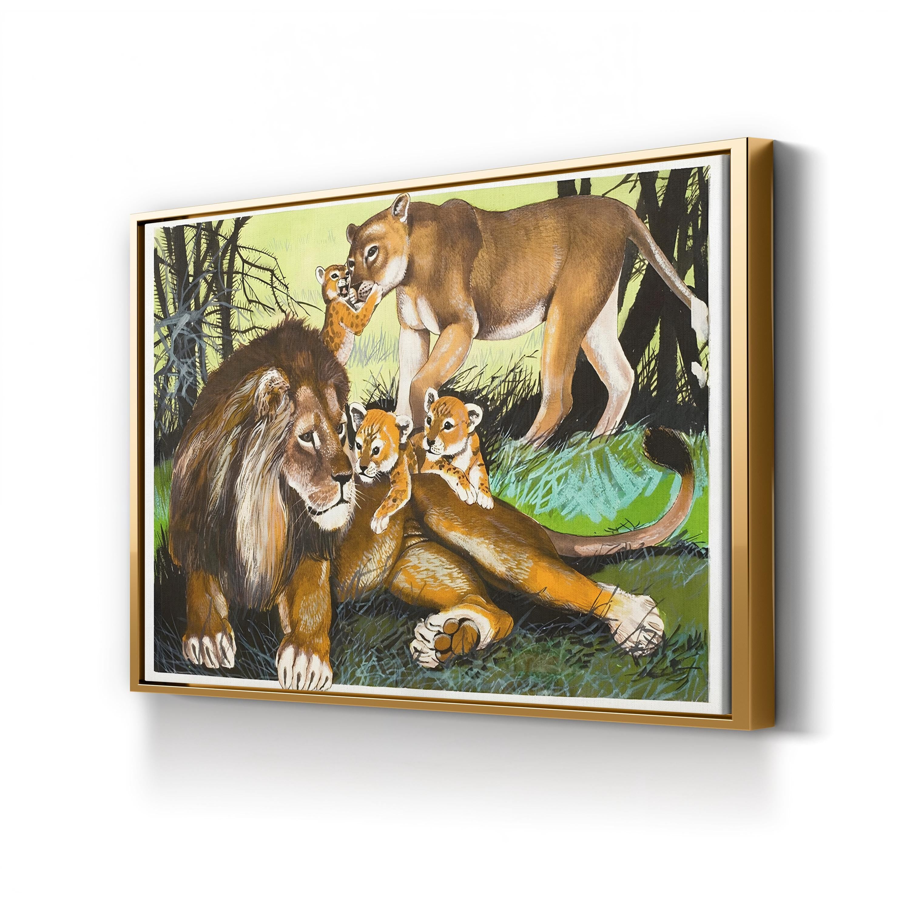 Lion, Lioness and Cubs Wall Art | English School Black & White Wildlife Canvas