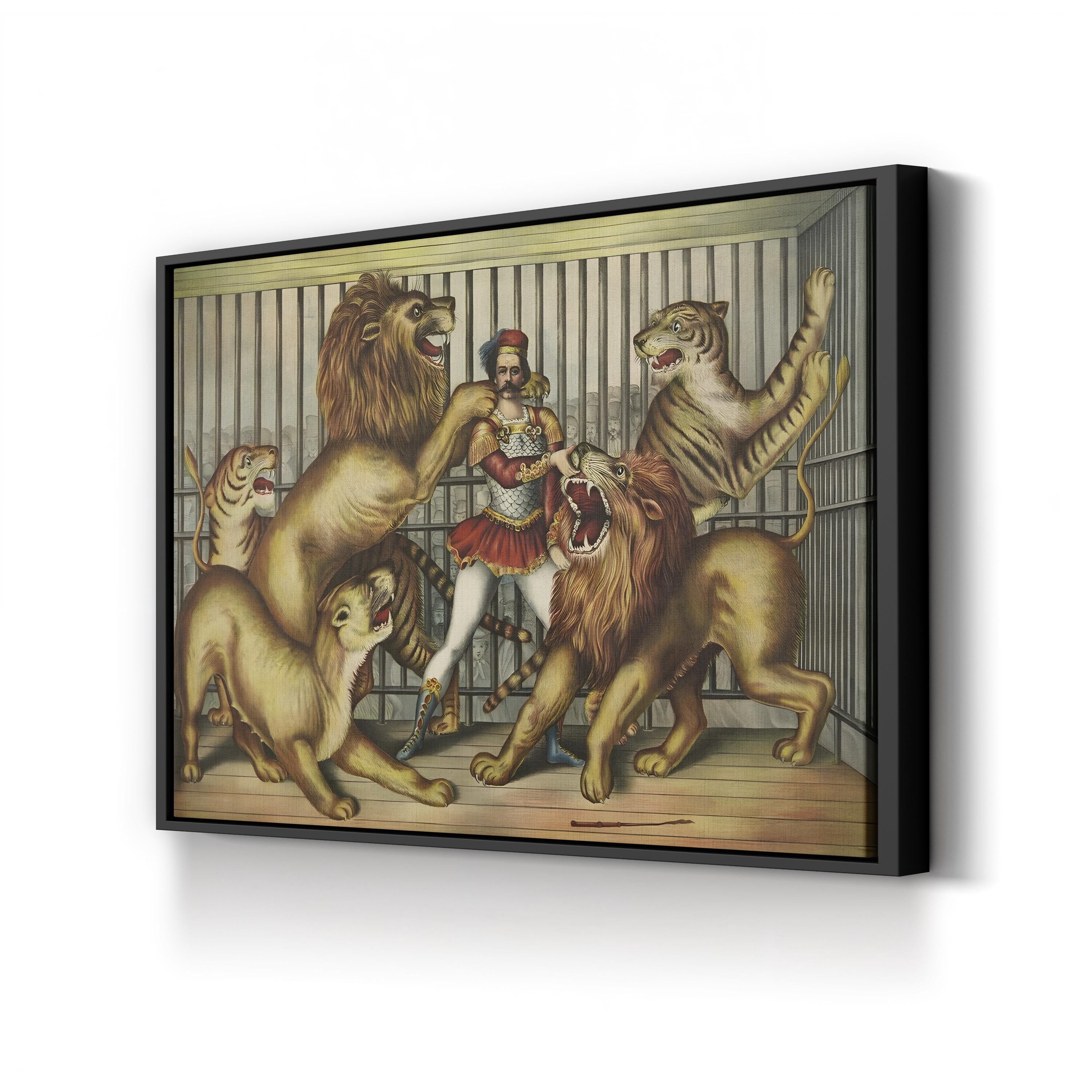 Lion Tamer in Cage with Lions and Tigers – Vintage Circus Illustration Canvas Wall Art