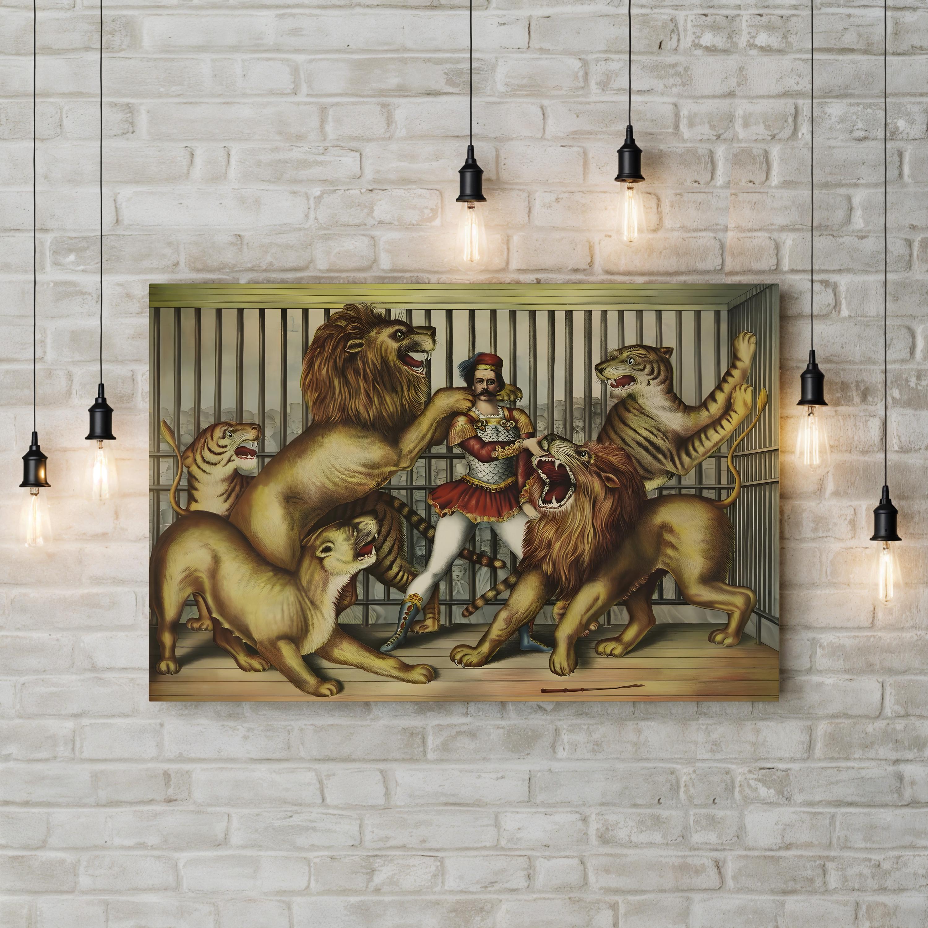 Lion Tamer in Cage with Lions and Tigers – Vintage Circus Illustration Canvas Wall Art
