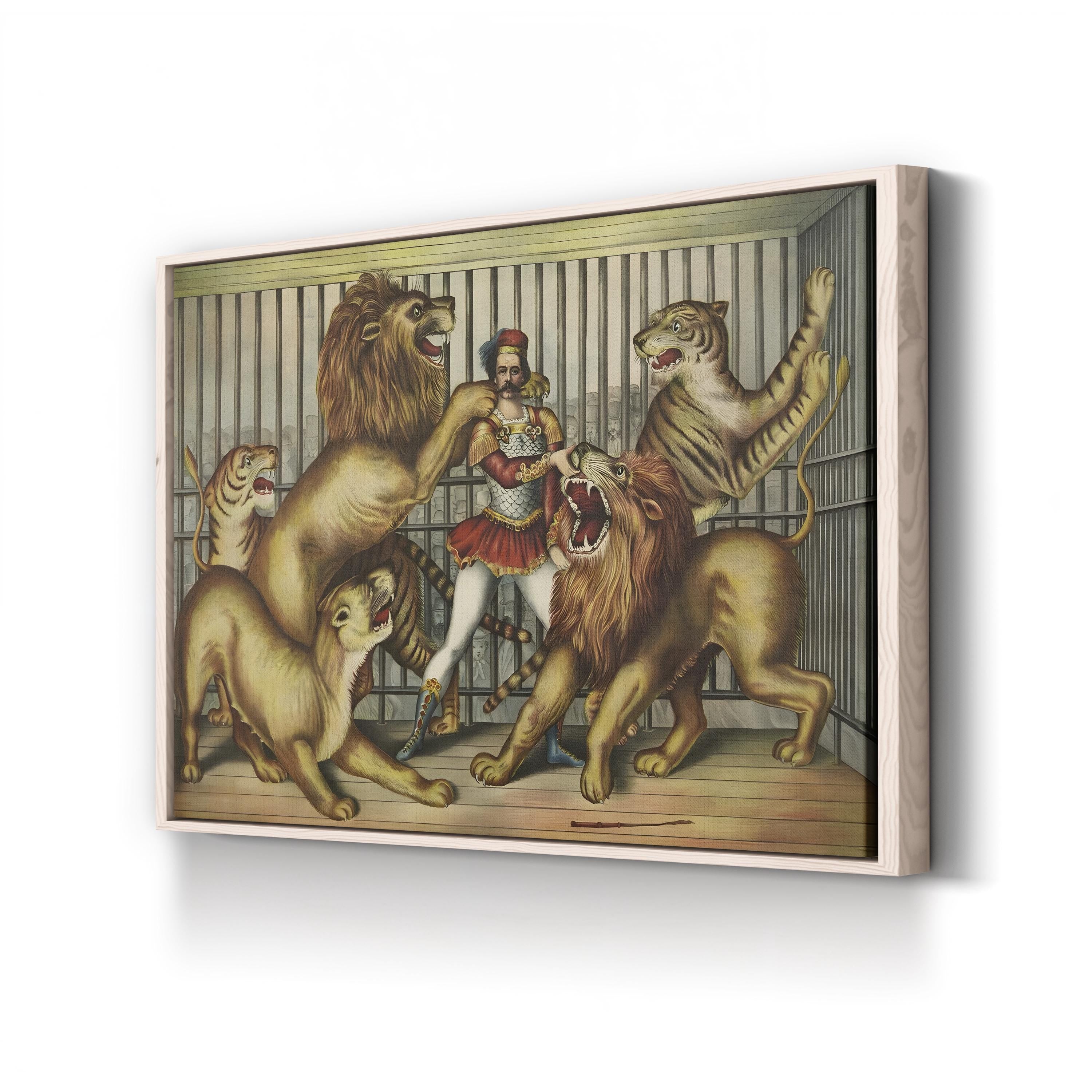 Lion Tamer in Cage with Lions and Tigers – Vintage Circus Illustration Canvas Wall Art