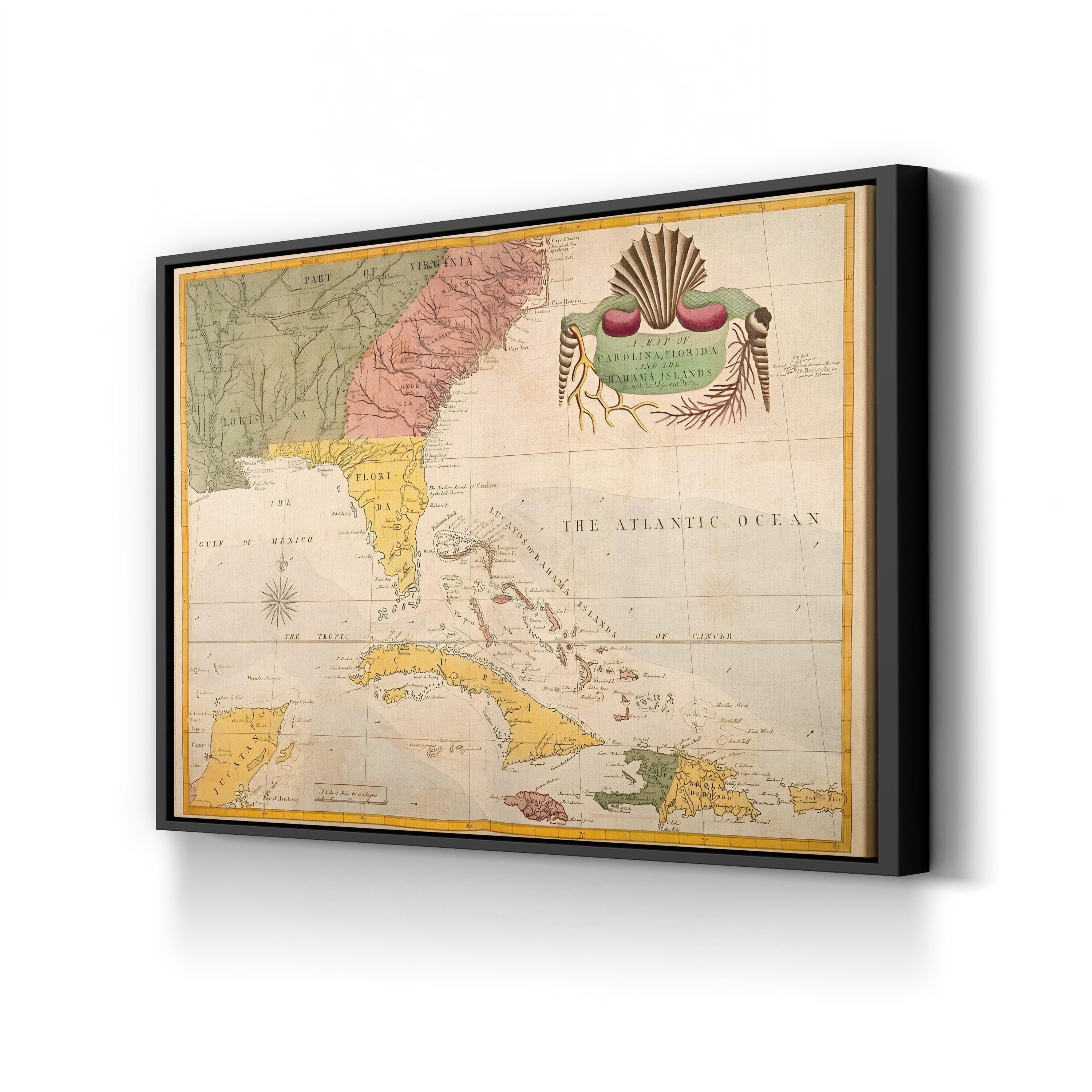 Carolina, Florida & Bahamas Map – Period Illustration Wall Art | Nautical Cartography Canvas Print