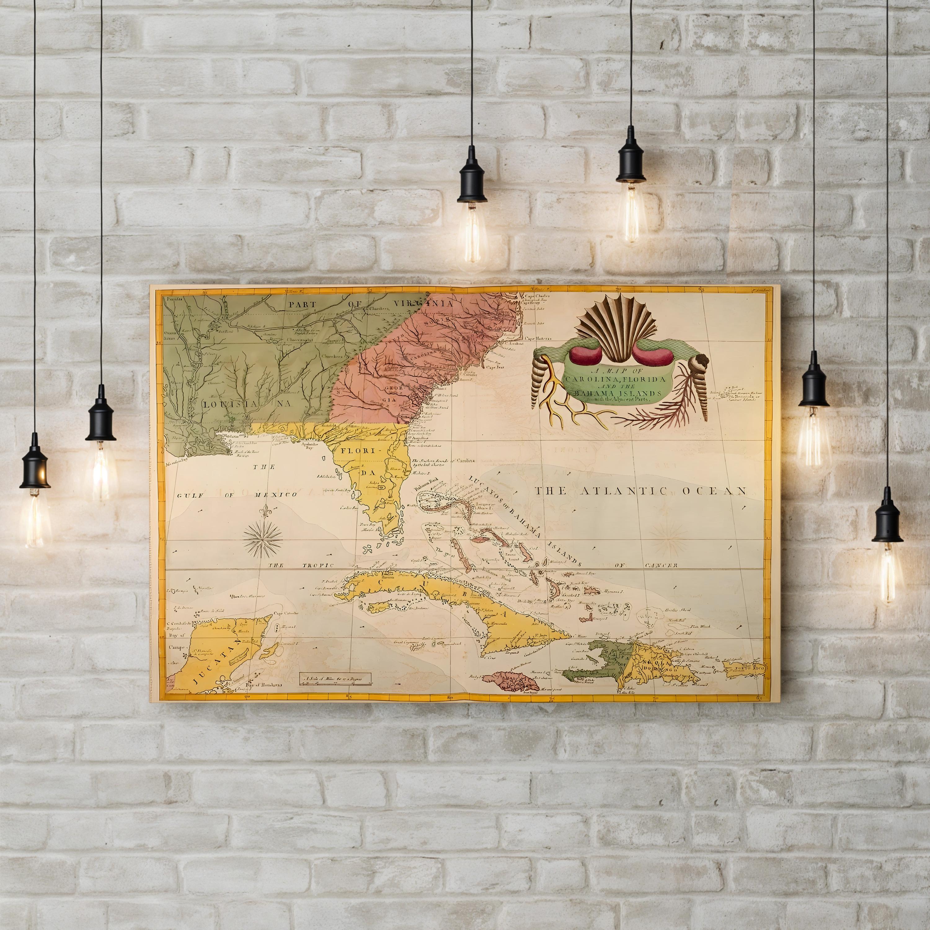 Carolina, Florida & Bahamas Map – Period Illustration Wall Art | Nautical Cartography Canvas Print