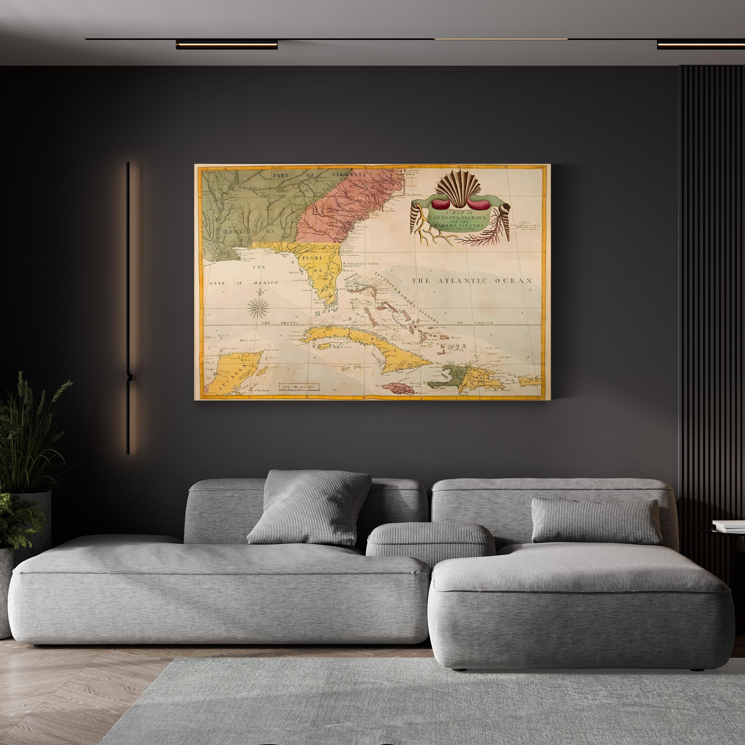 Carolina, Florida & Bahamas Map – Period Illustration Wall Art | Nautical Cartography Canvas Print
