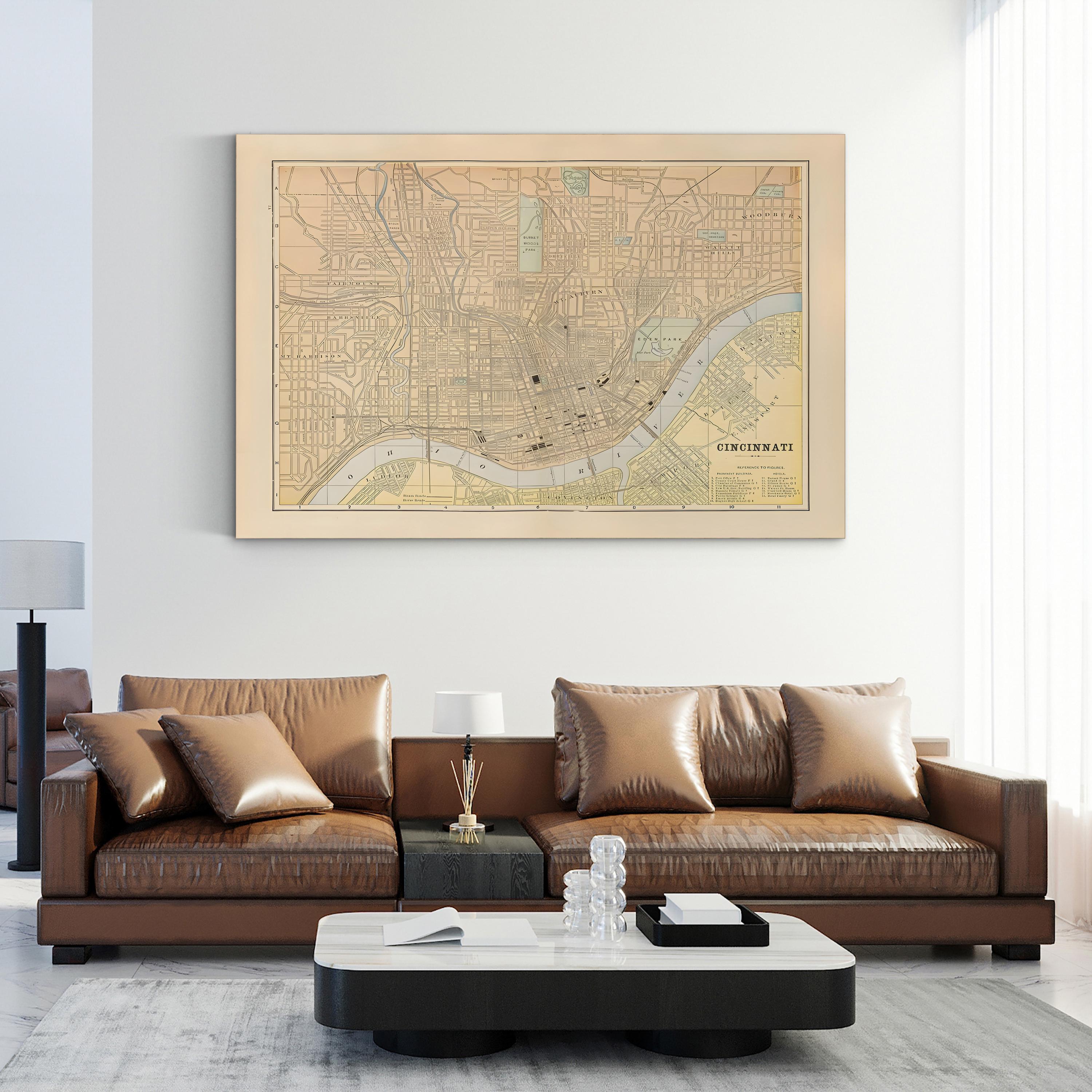 Historic City Vintage Cincinnati, Ohio Map Print Canvas Art