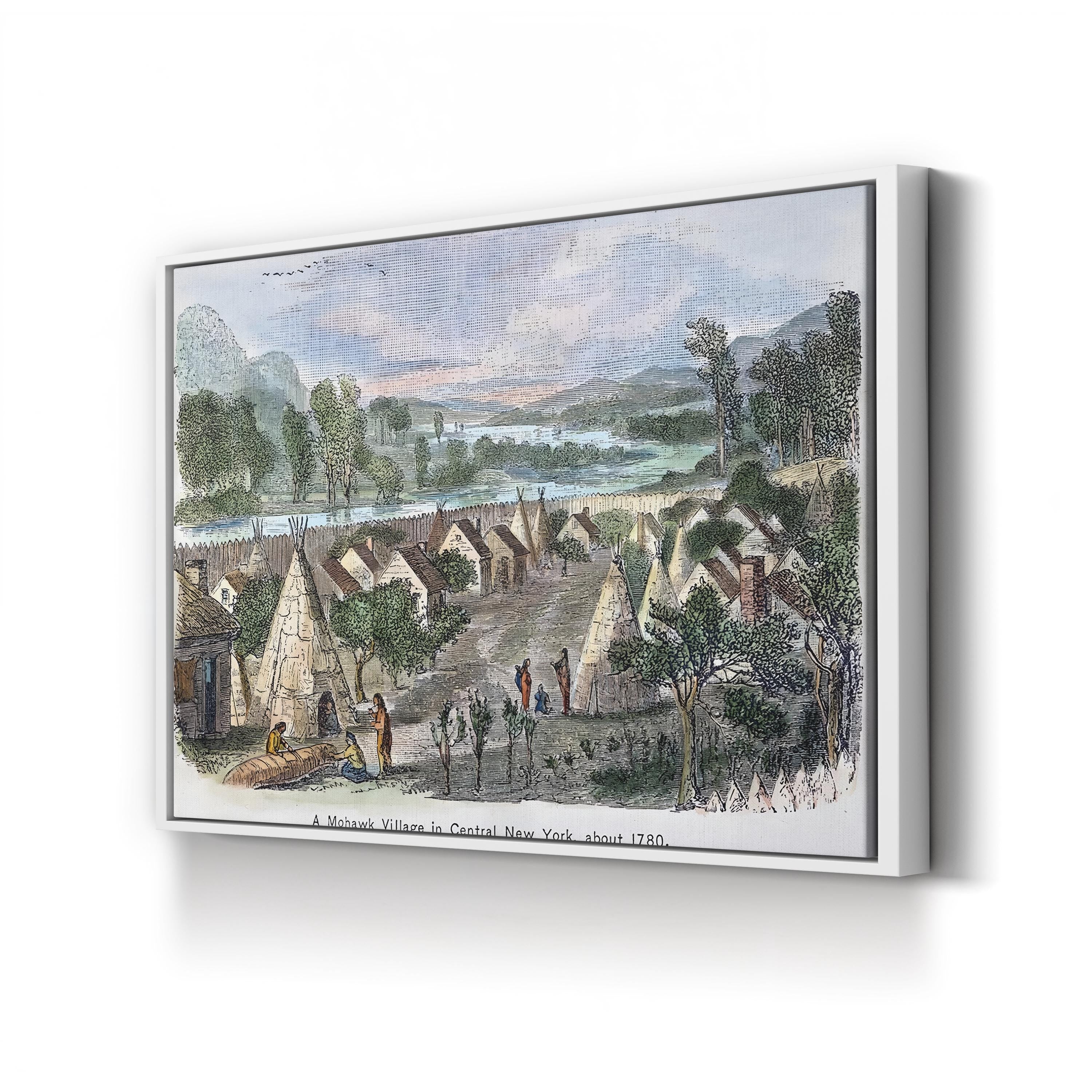Mohawk Village 1780 – Period Illustration Wall Art | Native American Engraving Canvas Print